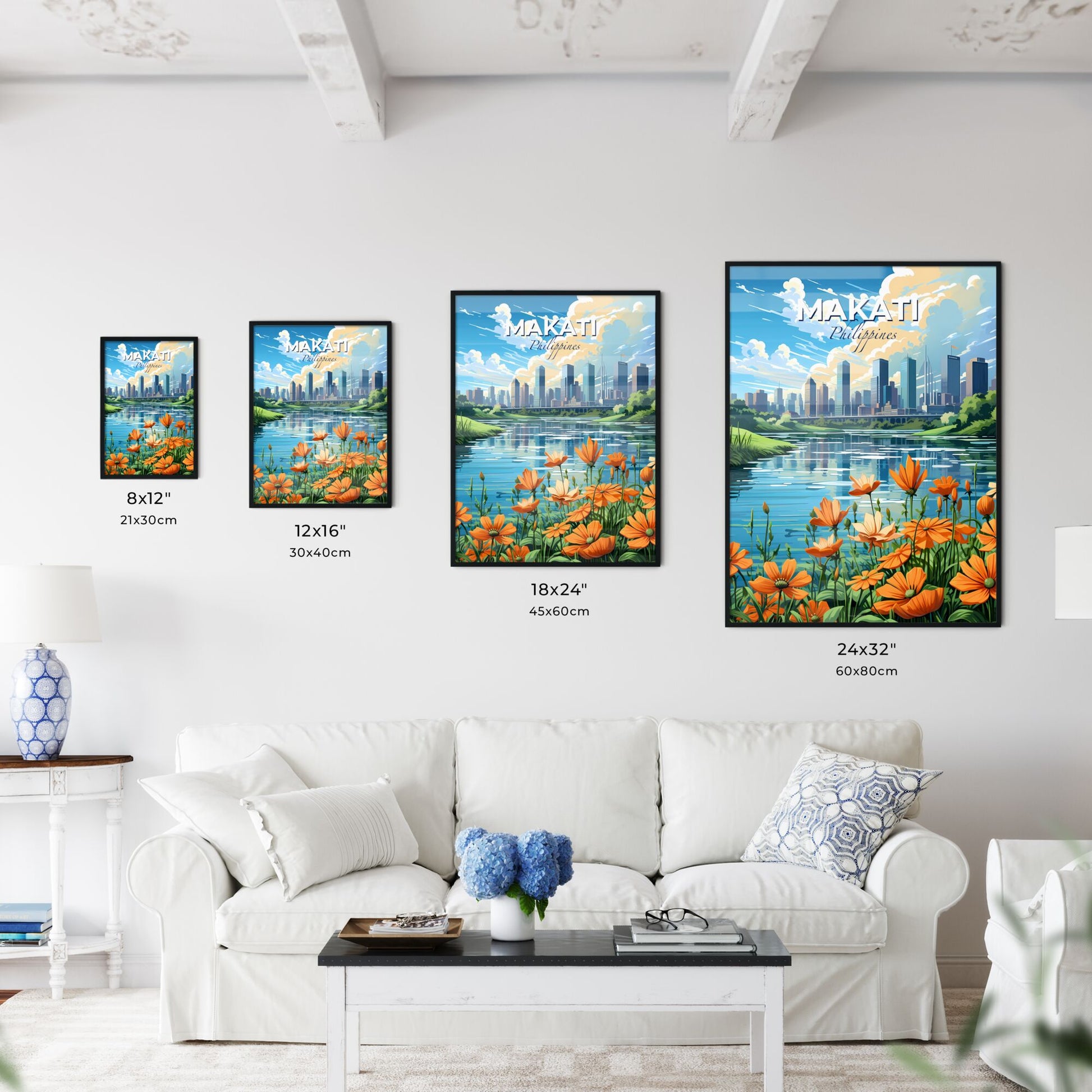 Colorful Cityscape Painting Depicting a River with Orange Flowers and a Vibrant Urban Silhouette Default Title