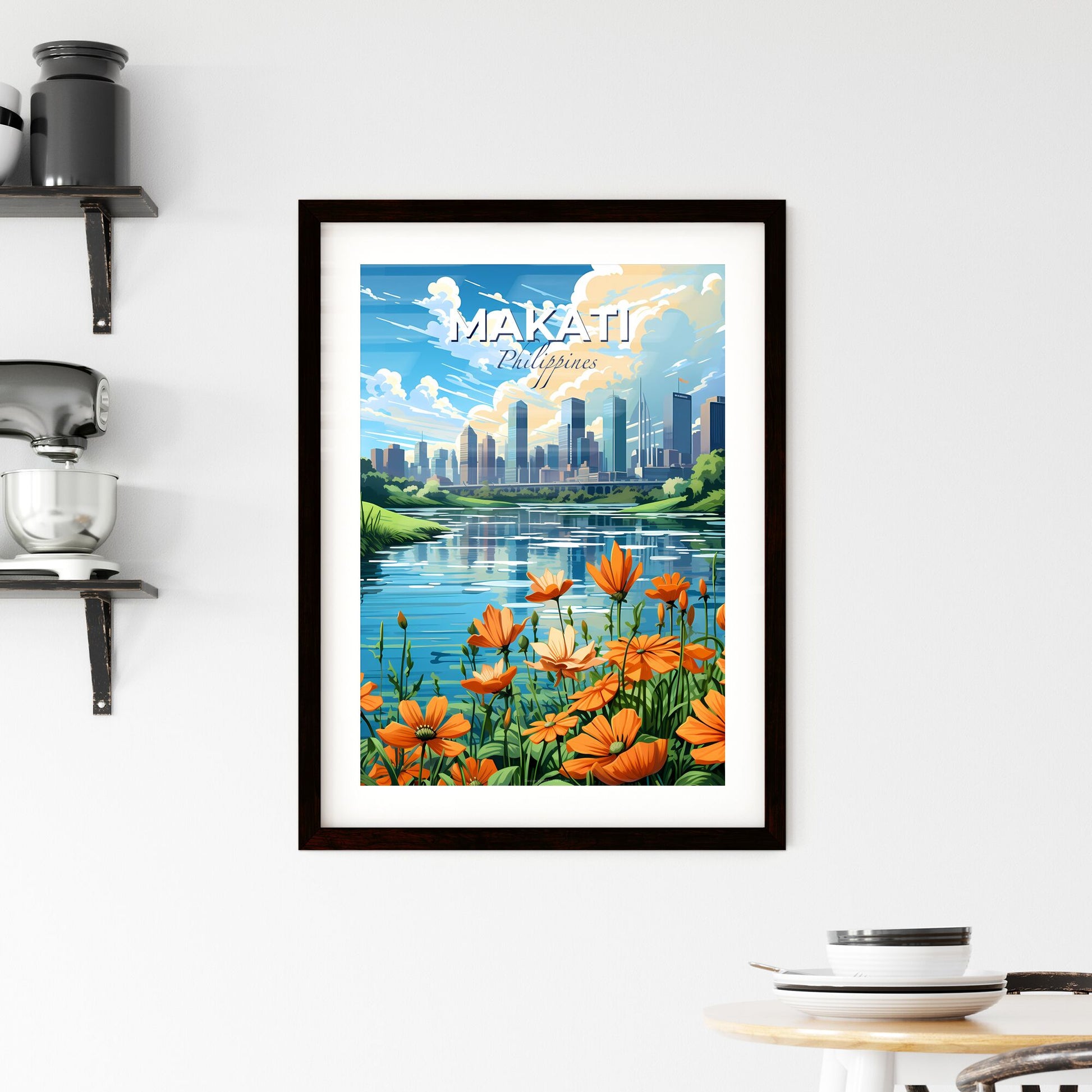 Colorful Cityscape Painting Depicting a River with Orange Flowers and a Vibrant Urban Silhouette Default Title