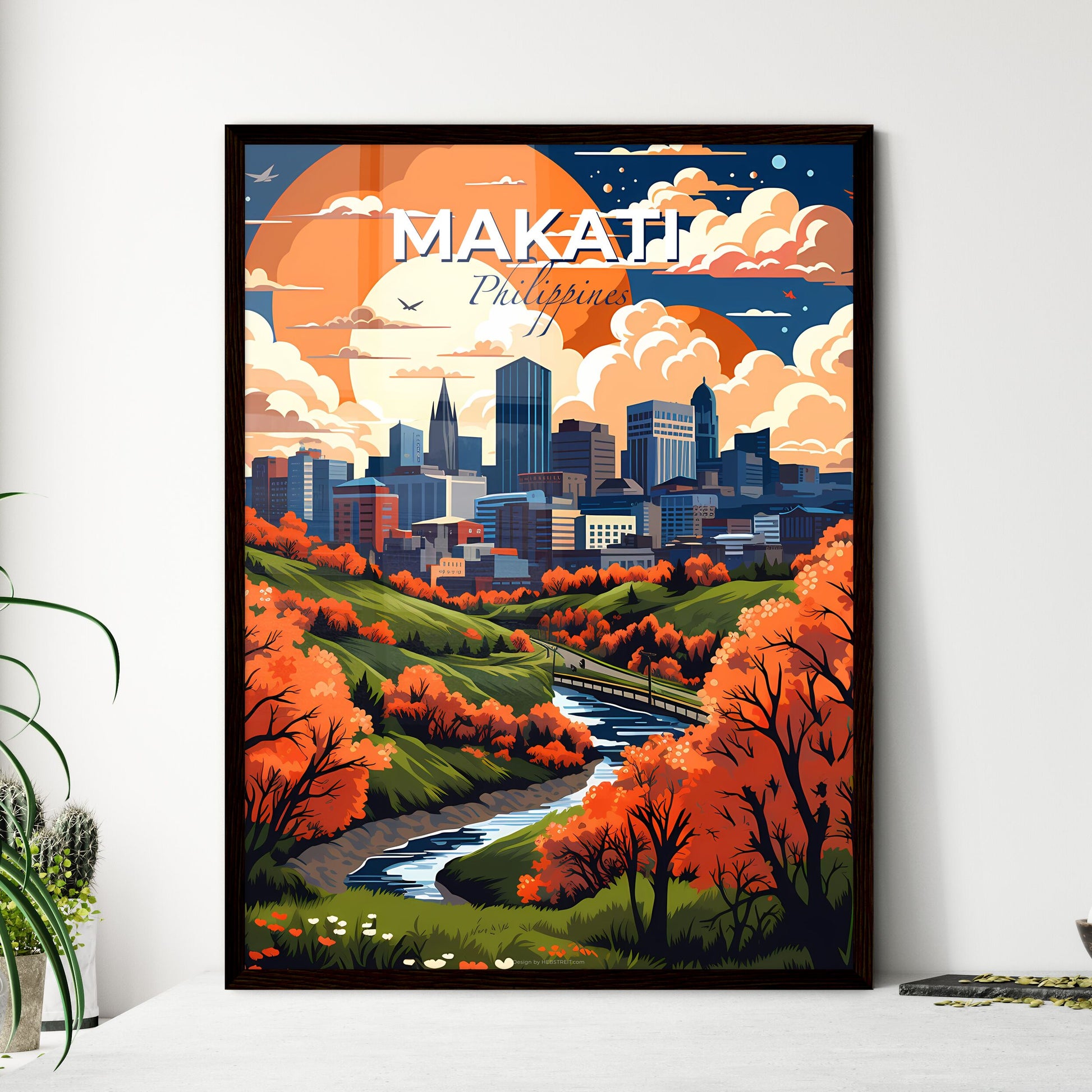 Vibrant Riverfront City Skyline Painting: Impressionistic Depiction of Makati, Philippines Default Title