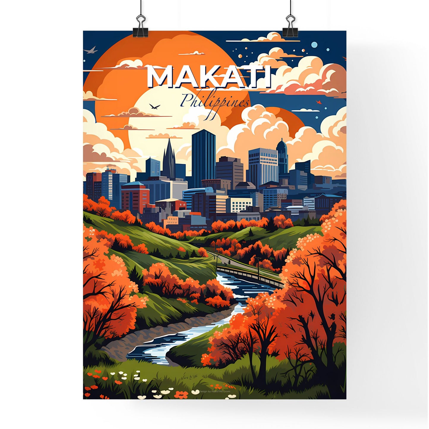 Vibrant Riverfront City Skyline Painting: Impressionistic Depiction of Makati, Philippines Default Title