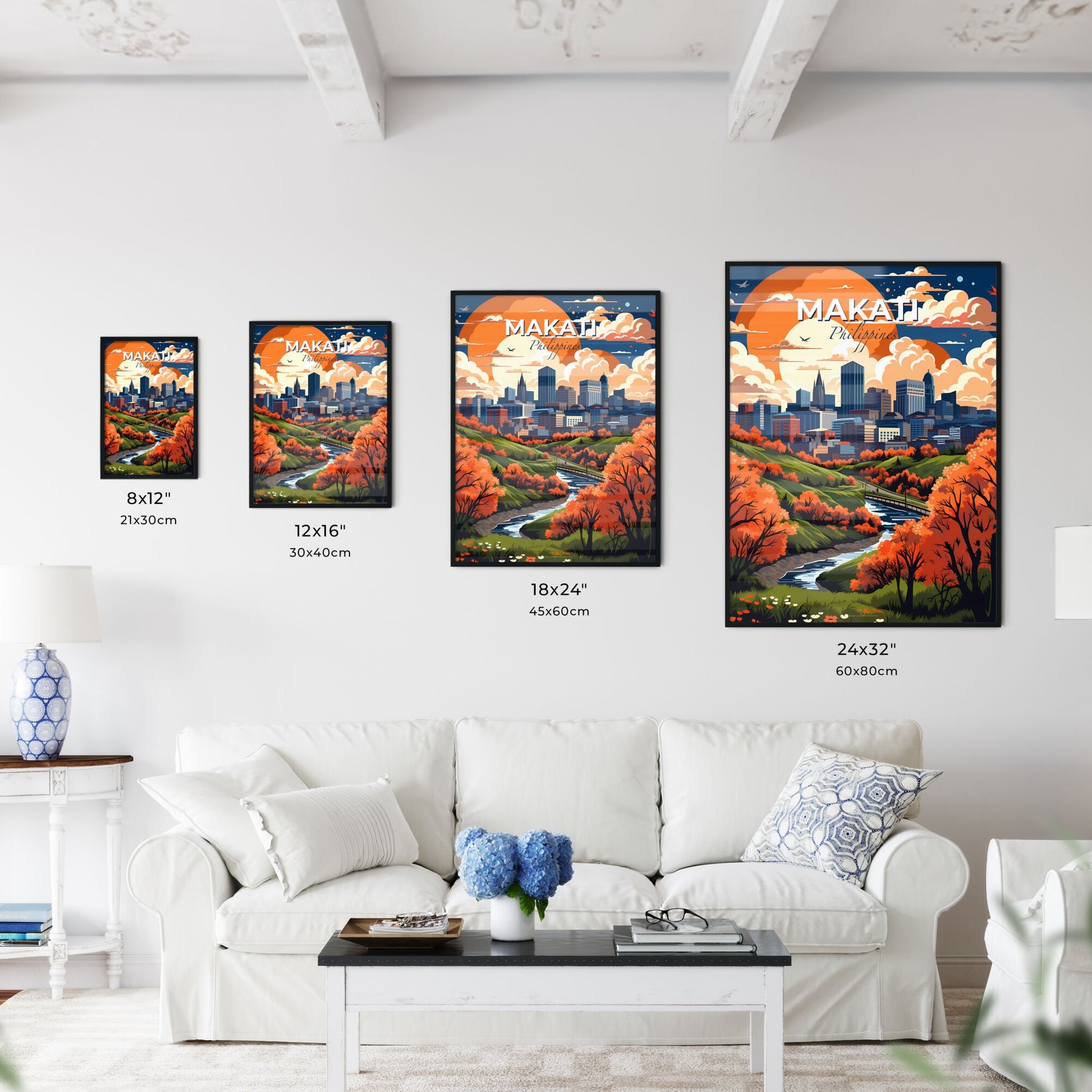 Vibrant Riverfront City Skyline Painting: Impressionistic Depiction of Makati, Philippines Default Title