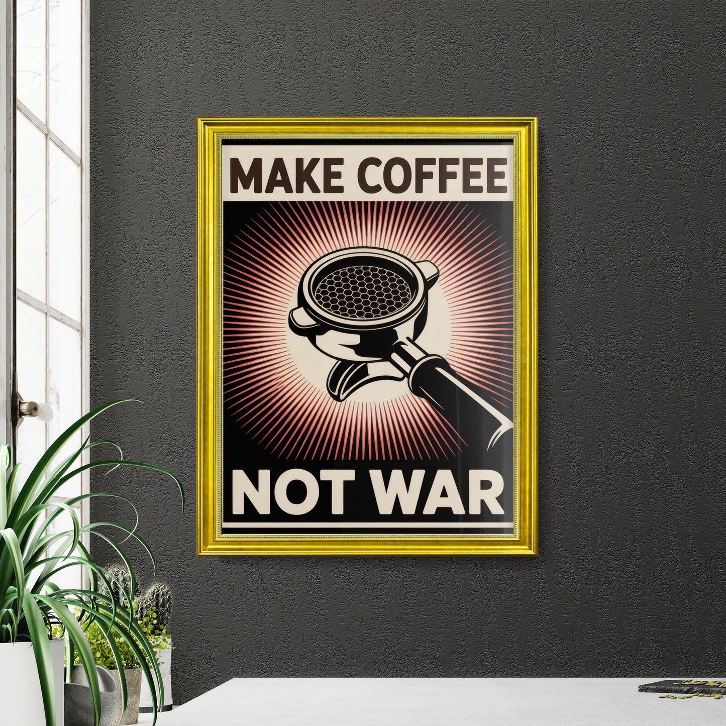 Make Coffee Not War: Embrace Peaceful Brewing with a Bold Statement Design.