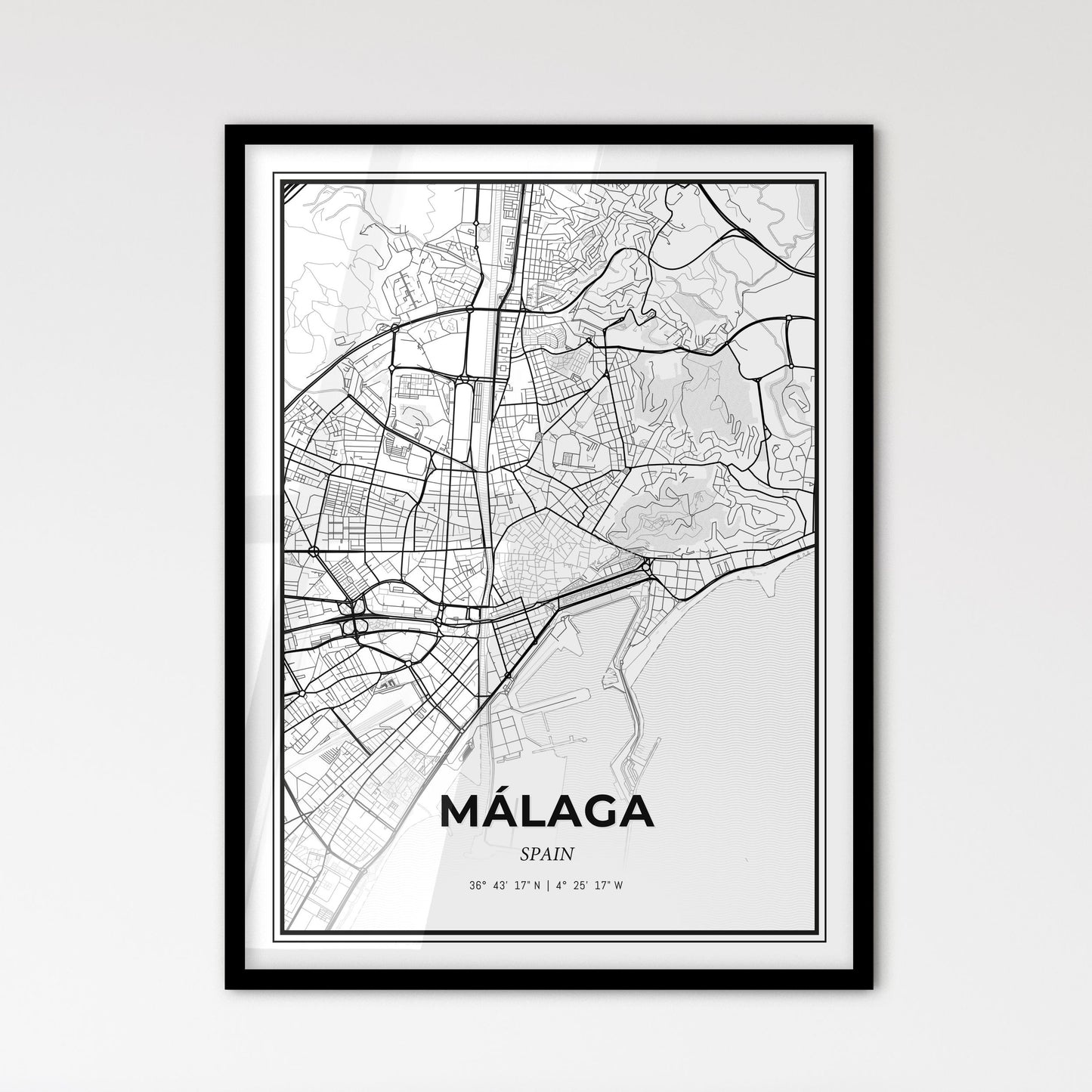 Málaga Spain - Scandinavian Style City Map for Modern Home Decor