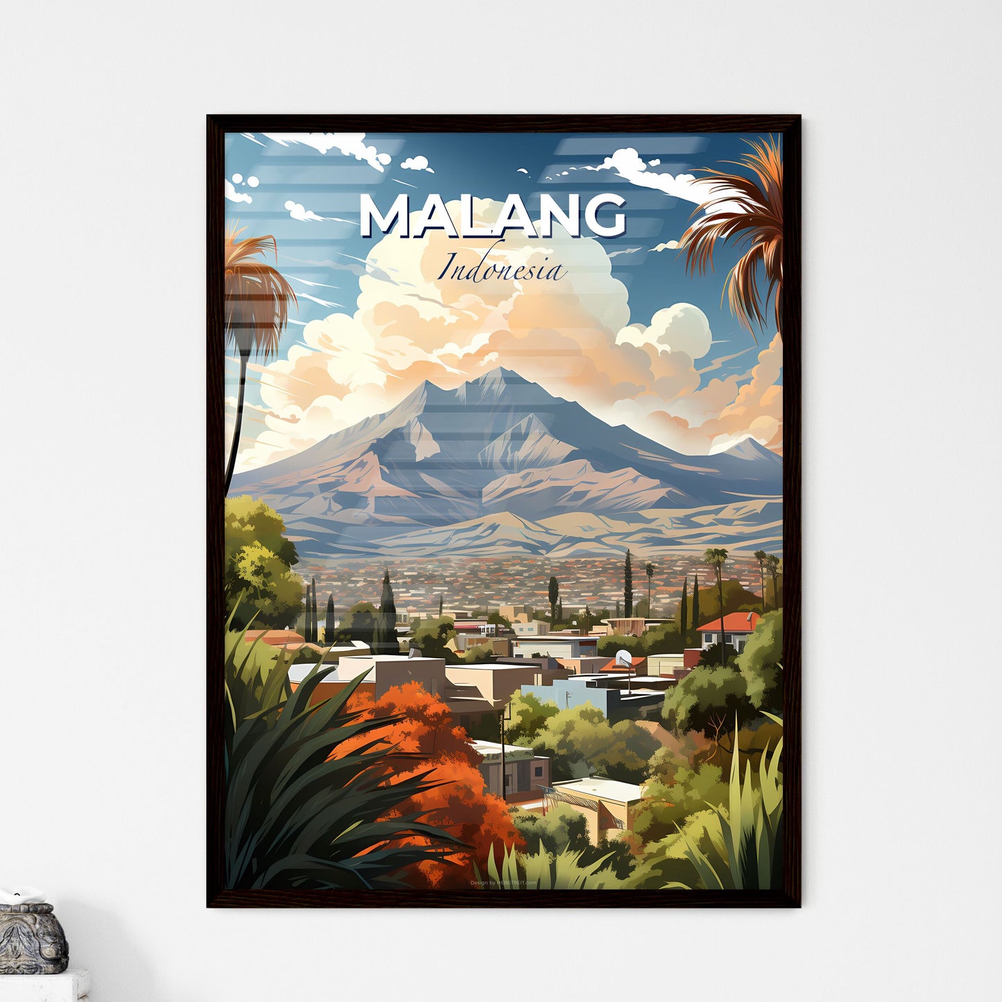 Malang Indonesia Cityscape Painting with Mountain View Default Title