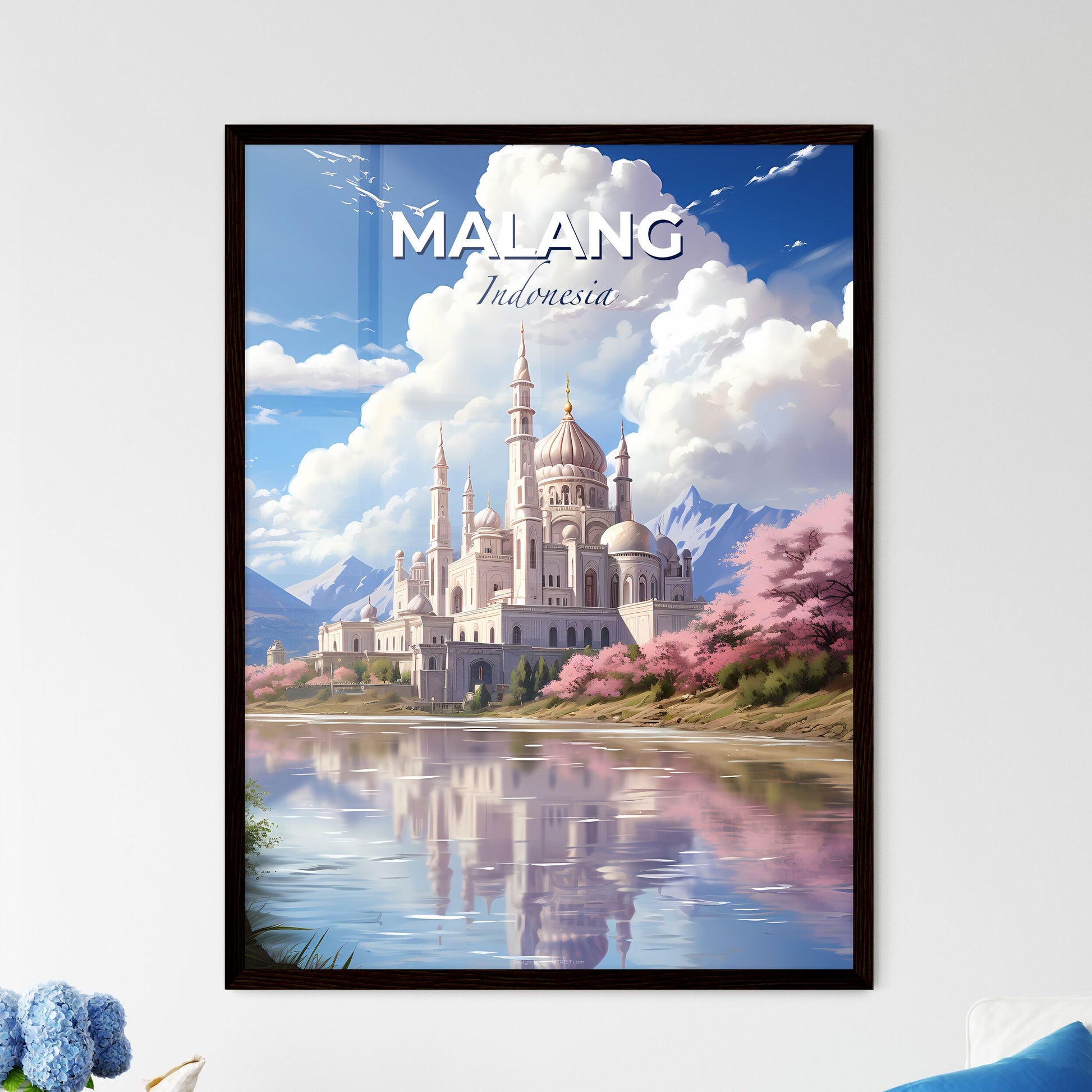 Malang Indonesia Skyline Painting: Majestic Castle, Verdant Trees, and Tranquil Water Default Title