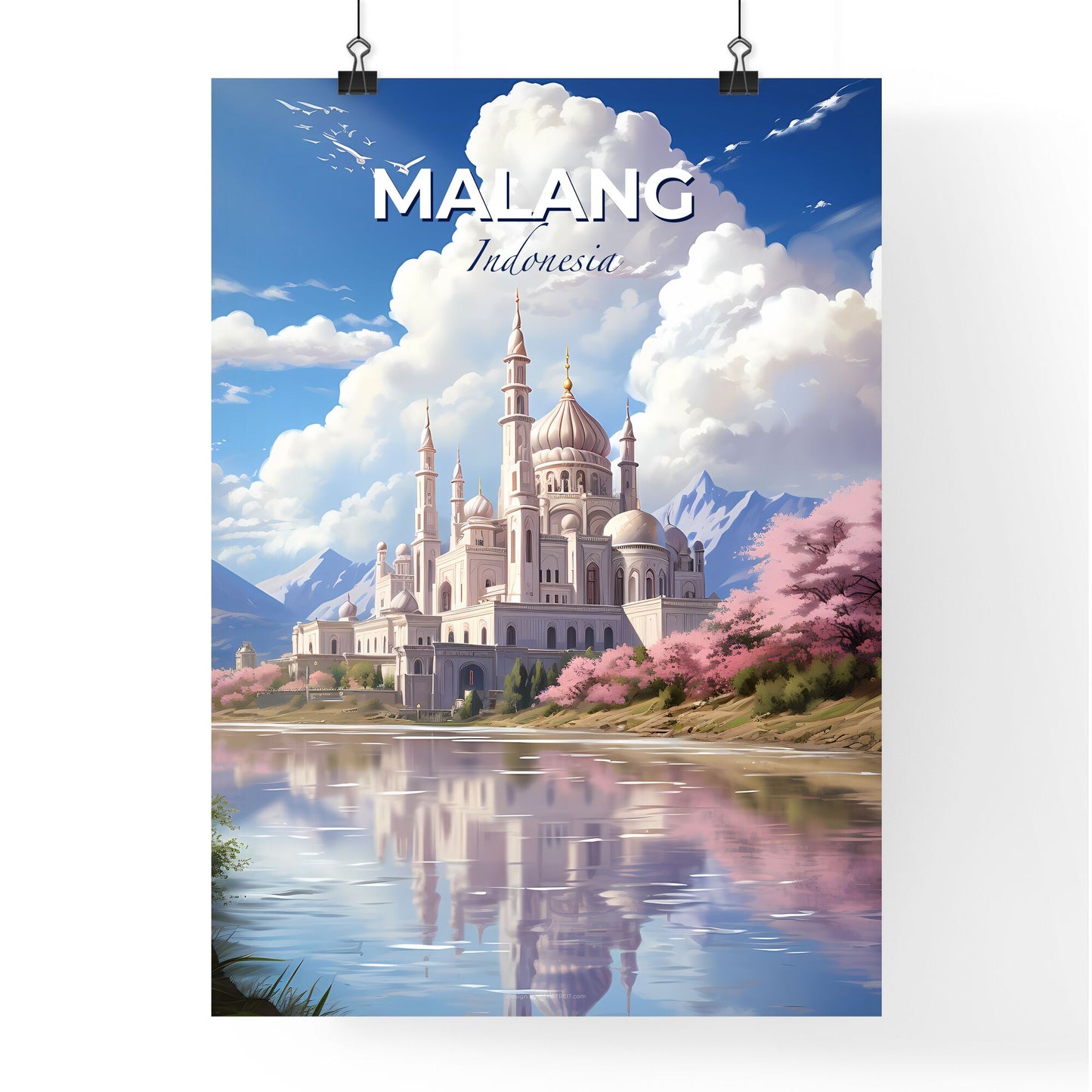 Malang Indonesia Skyline Painting: Majestic Castle, Verdant Trees, and Tranquil Water Default Title