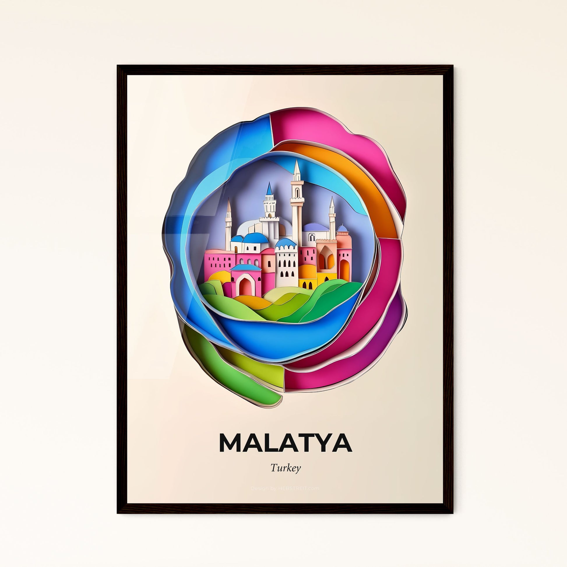 Vivid Malatya, Turkey - a paper cut of a colorful city with a clock