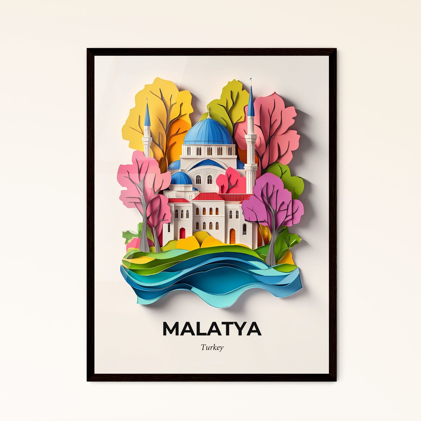 Vivid Malatya, Turkey - a paper cut of a mosque surrounded by trees