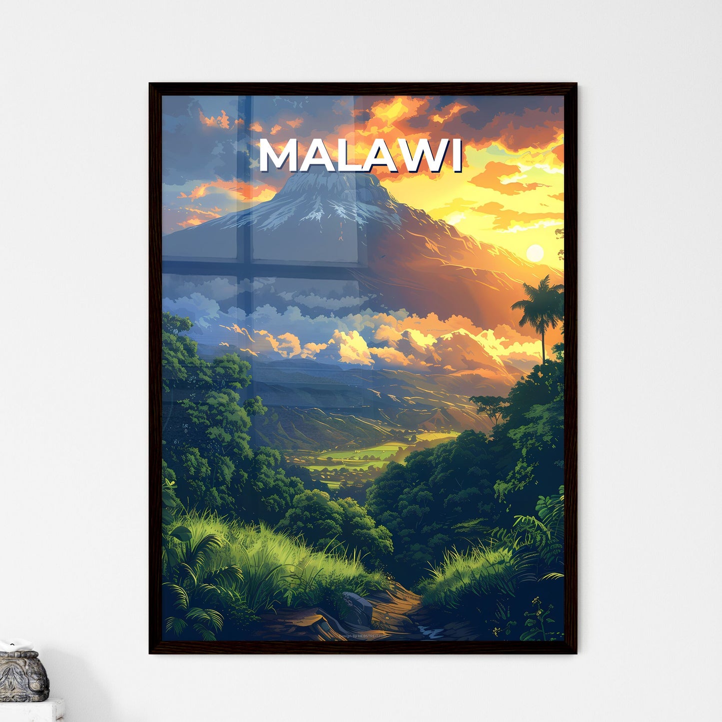 Vibrant Mountain Sunset Painting Featuring Forest Landscape in Malawi Africa