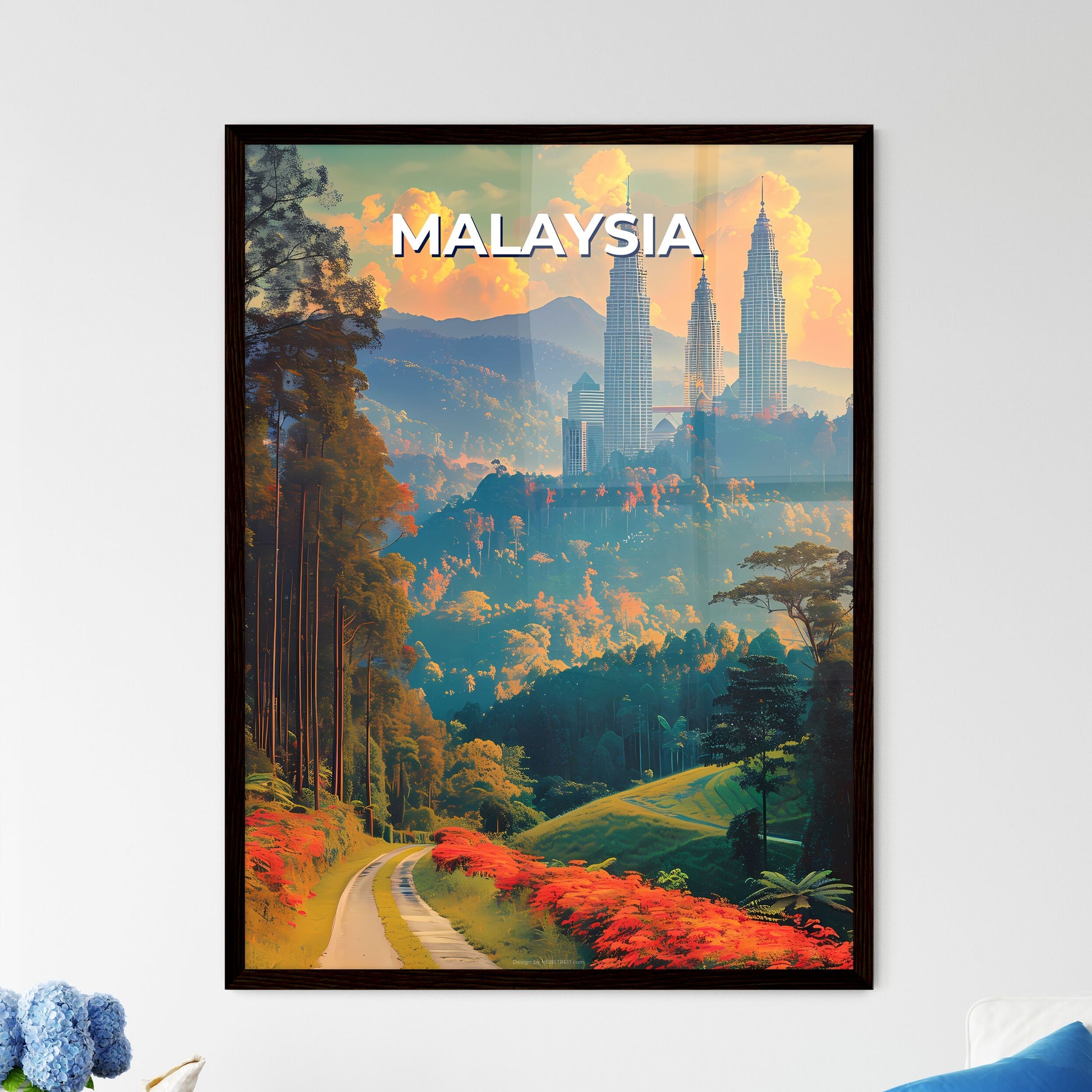 Vibrant and Artistic Painting Depicting Malaysian Roadway Leading to City