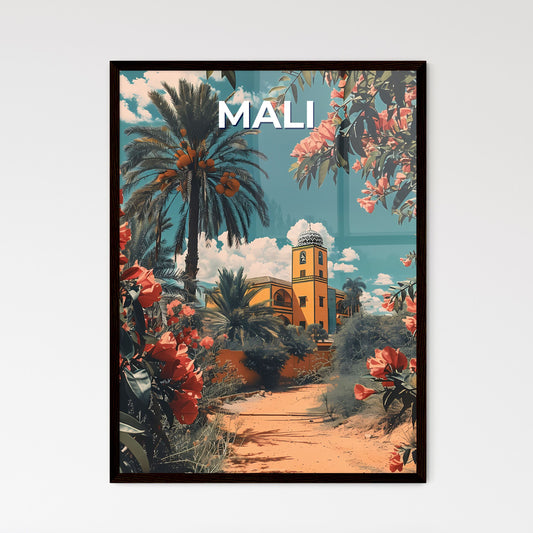 Mali, Africa Path Building Palm Trees Flowers Vibrant Painting Art Background