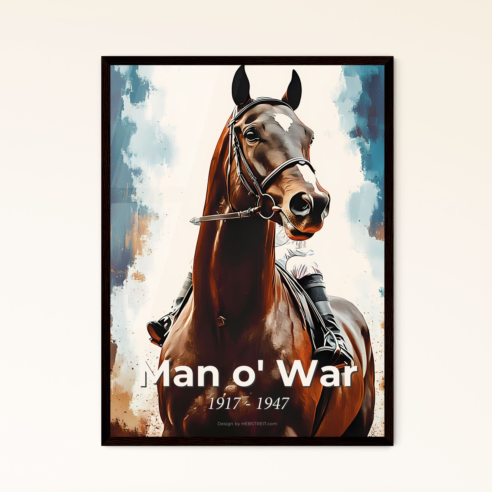 Portrait of Man o' War, 1917 - 1947. Impressionistic painting of a person riding a horse.