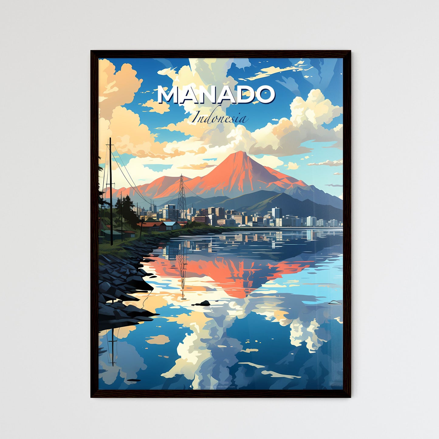 Panoramic View of Manado Indonesia Cityscape with Mountain Landscape and Vibrant Artistic Touch Default Title