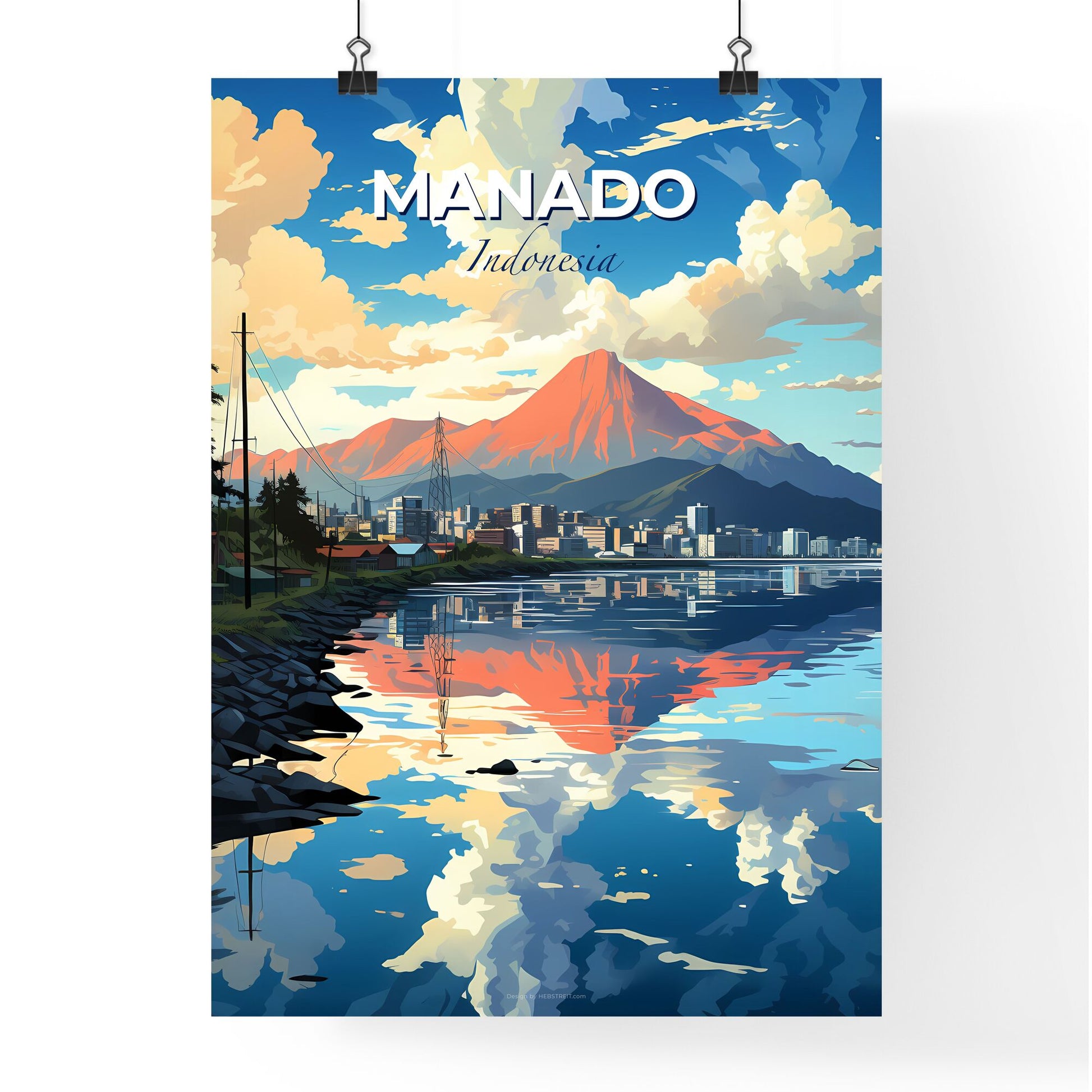 Panoramic View of Manado Indonesia Cityscape with Mountain Landscape and Vibrant Artistic Touch Default Title