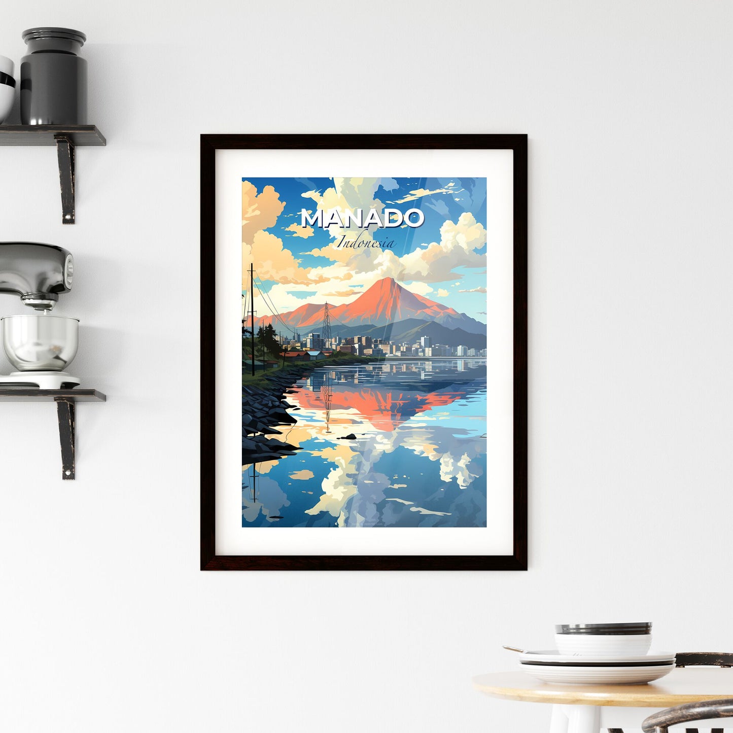 Panoramic View of Manado Indonesia Cityscape with Mountain Landscape and Vibrant Artistic Touch Default Title