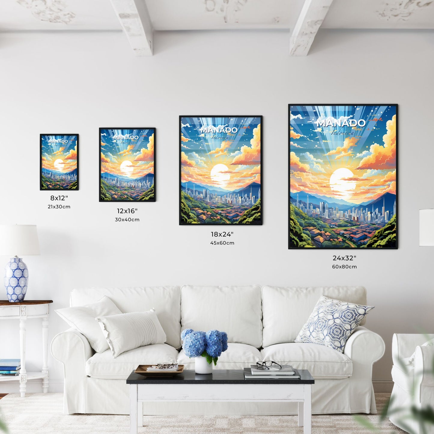 Cityscape Painting of Manado Skyline, Indonesia, Surrounded by Mountains, Art Focus Default Title