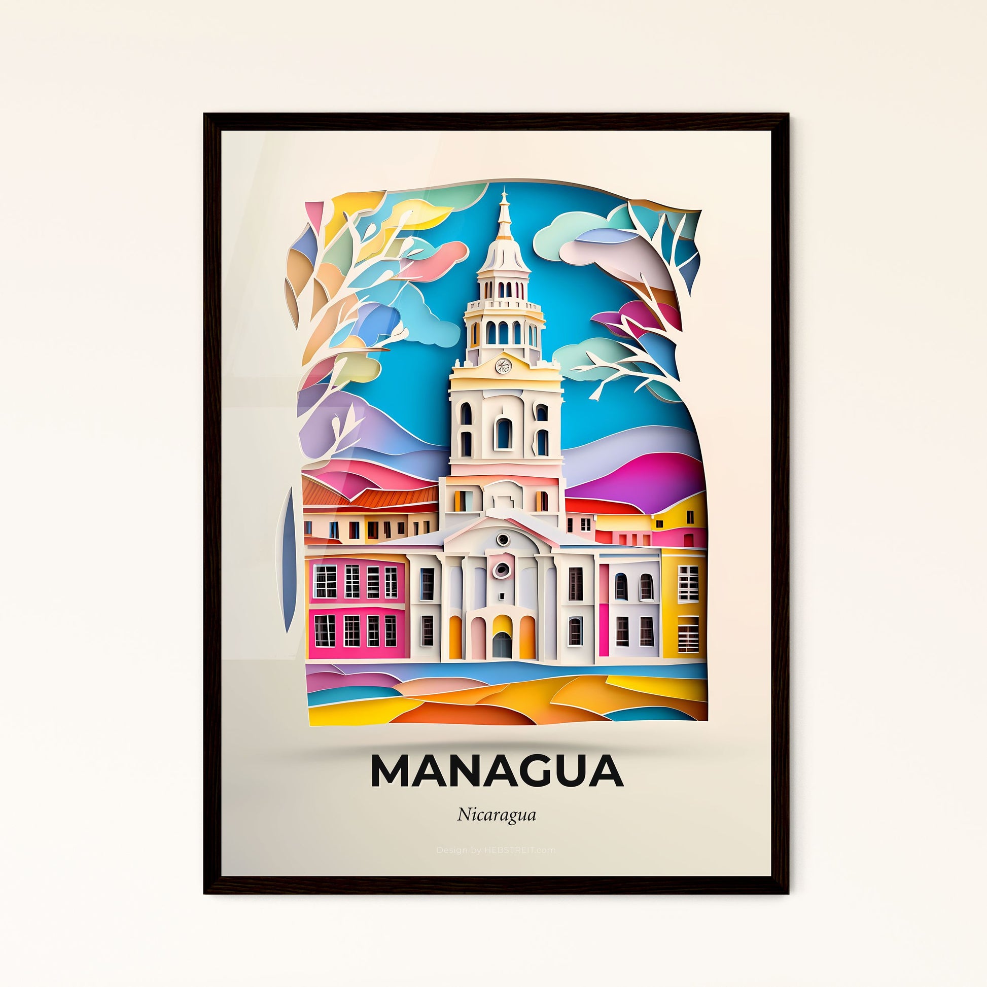 Vivid Managua, Nicaragua - a paper cut of a church with a clock tower