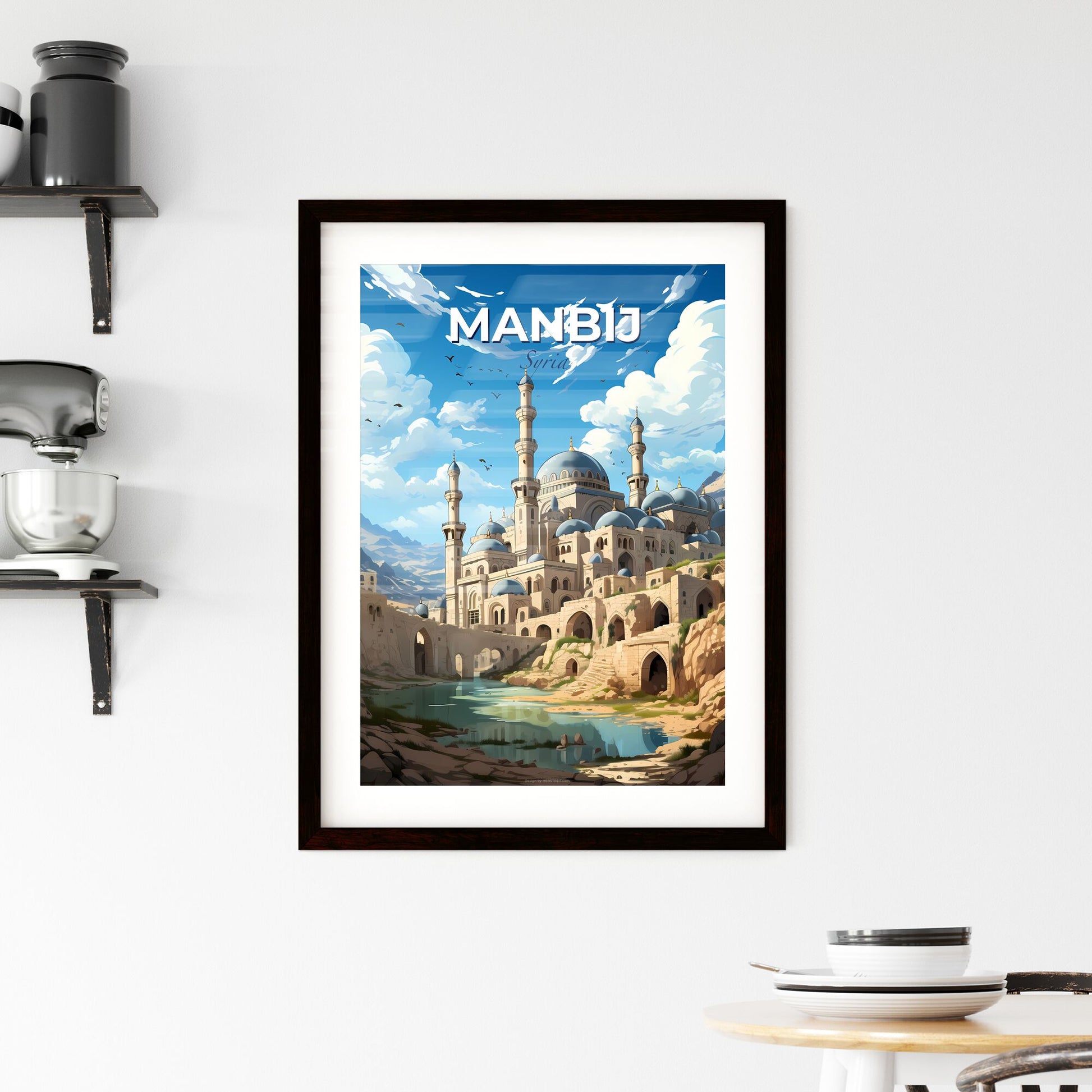 Manbij Syria City Skyline with Ancient Castle and River Art Painting Default Title