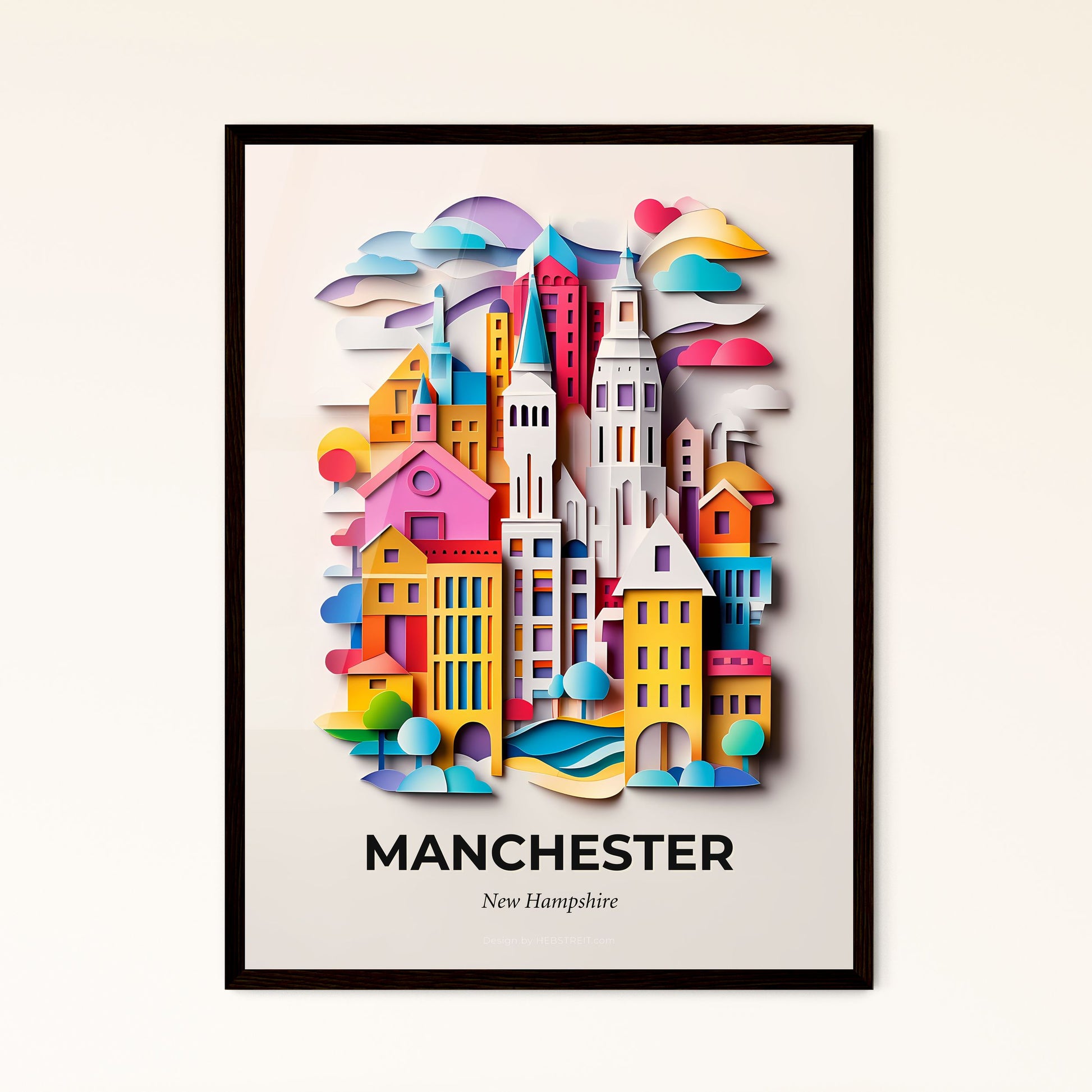 Vivid Manchester, New Hampshire - a city with a clock tower and a rainbow colored sky