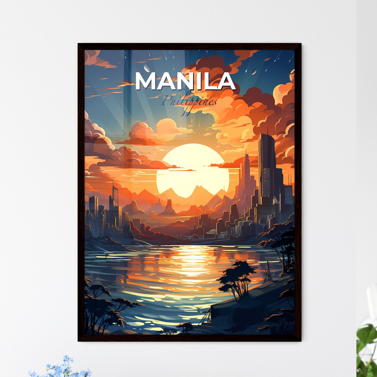 Vibrant City Painting Depicting Nightfall Skyline of Manila Philippines Default Title