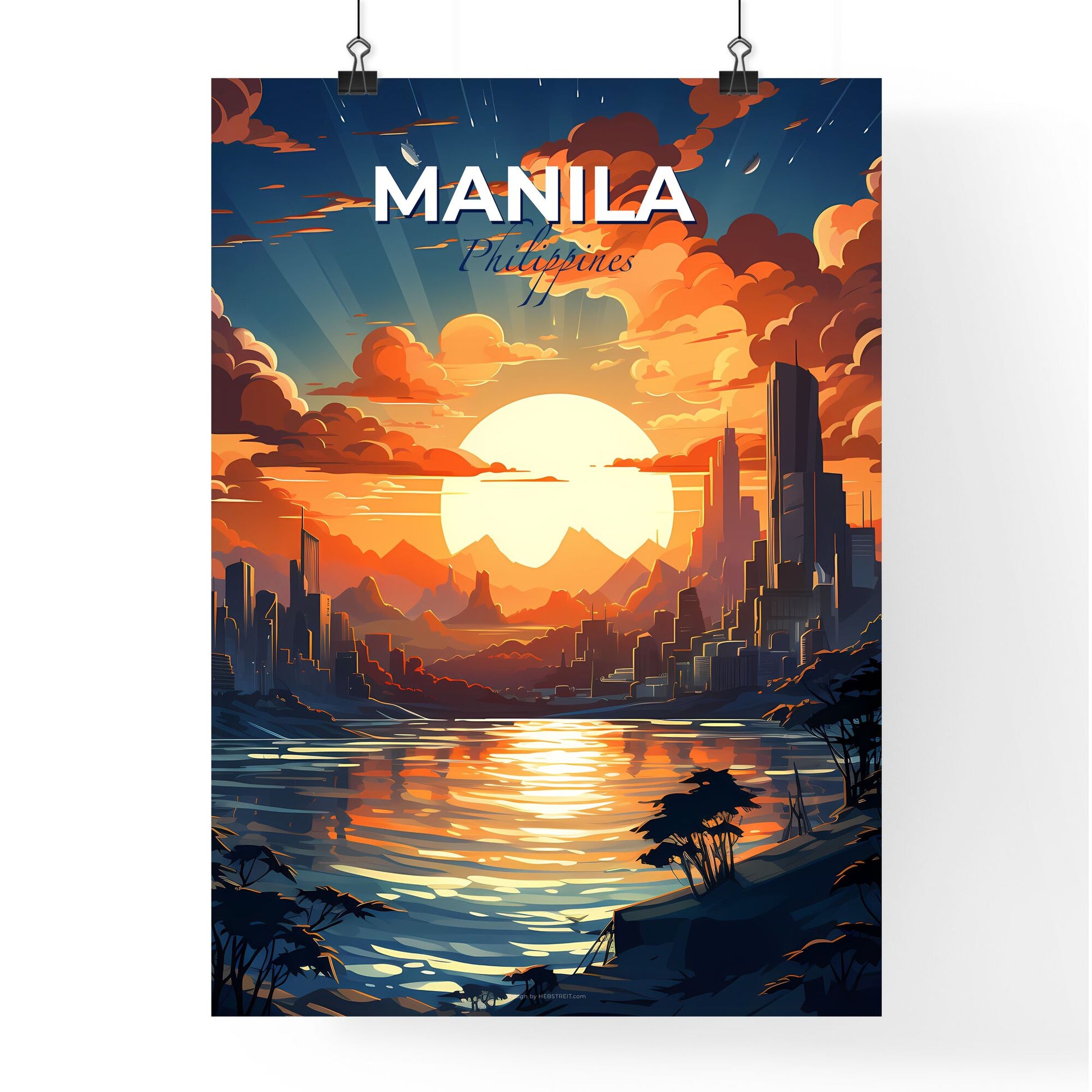 Vibrant City Painting Depicting Nightfall Skyline of Manila Philippines Default Title