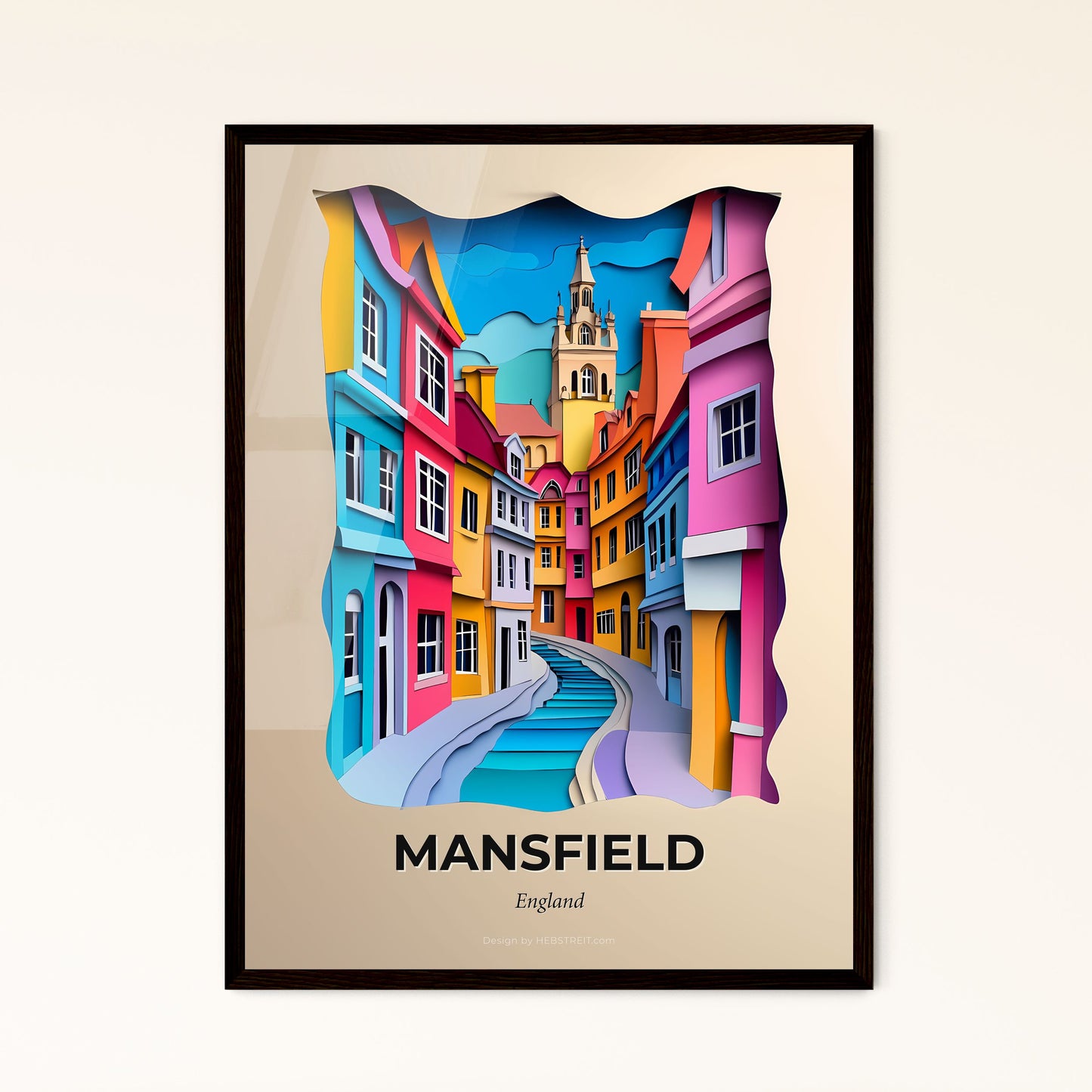 Vivid Mansfield, England - a colorful city street with a steeple and a clock tower