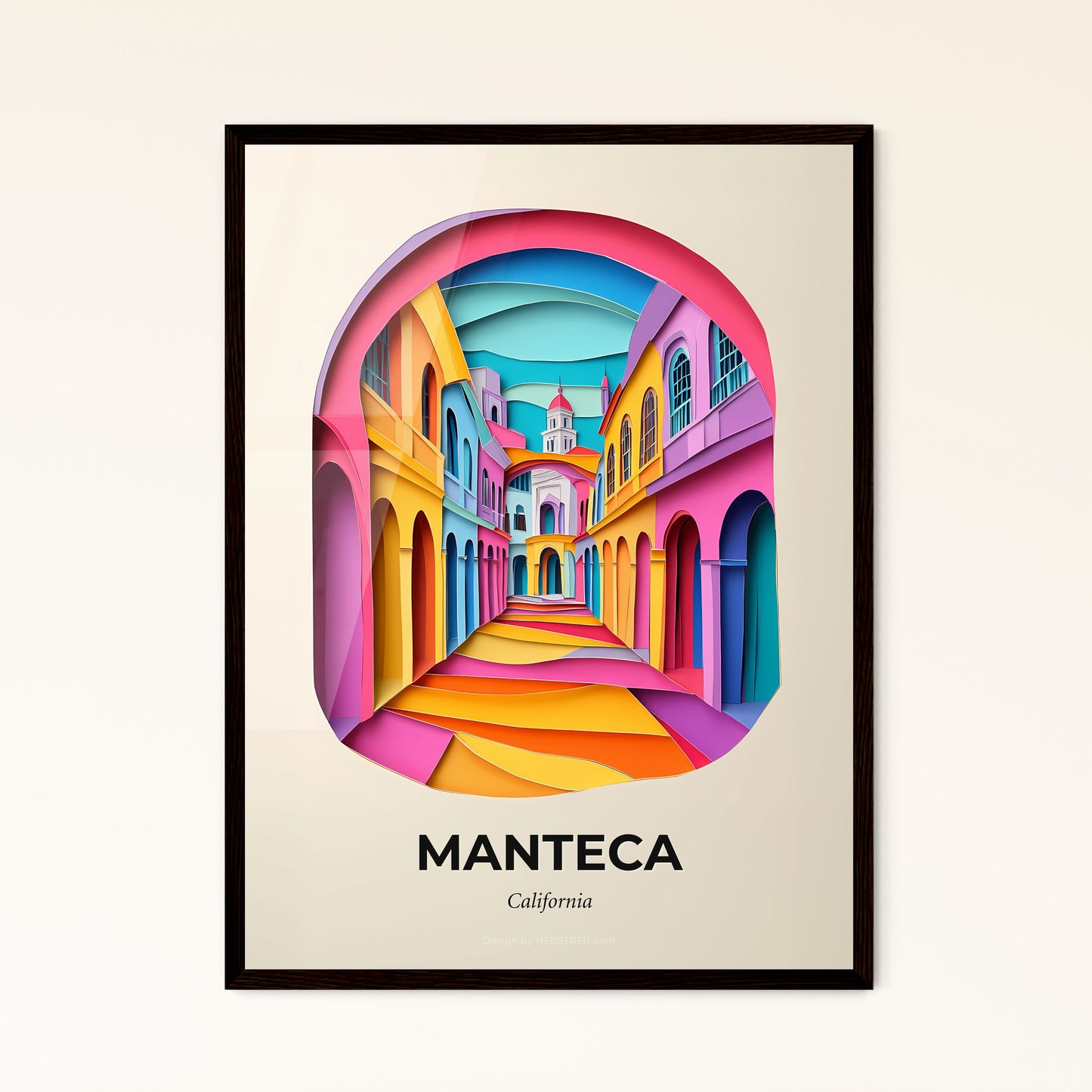 Vivid Manteca, California - a colorful city street with a clock tower