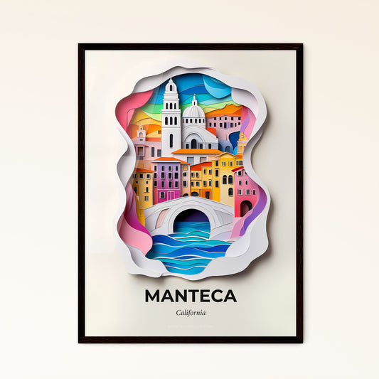 Vivid Manteca, California - a paper cut of a city with a bridge