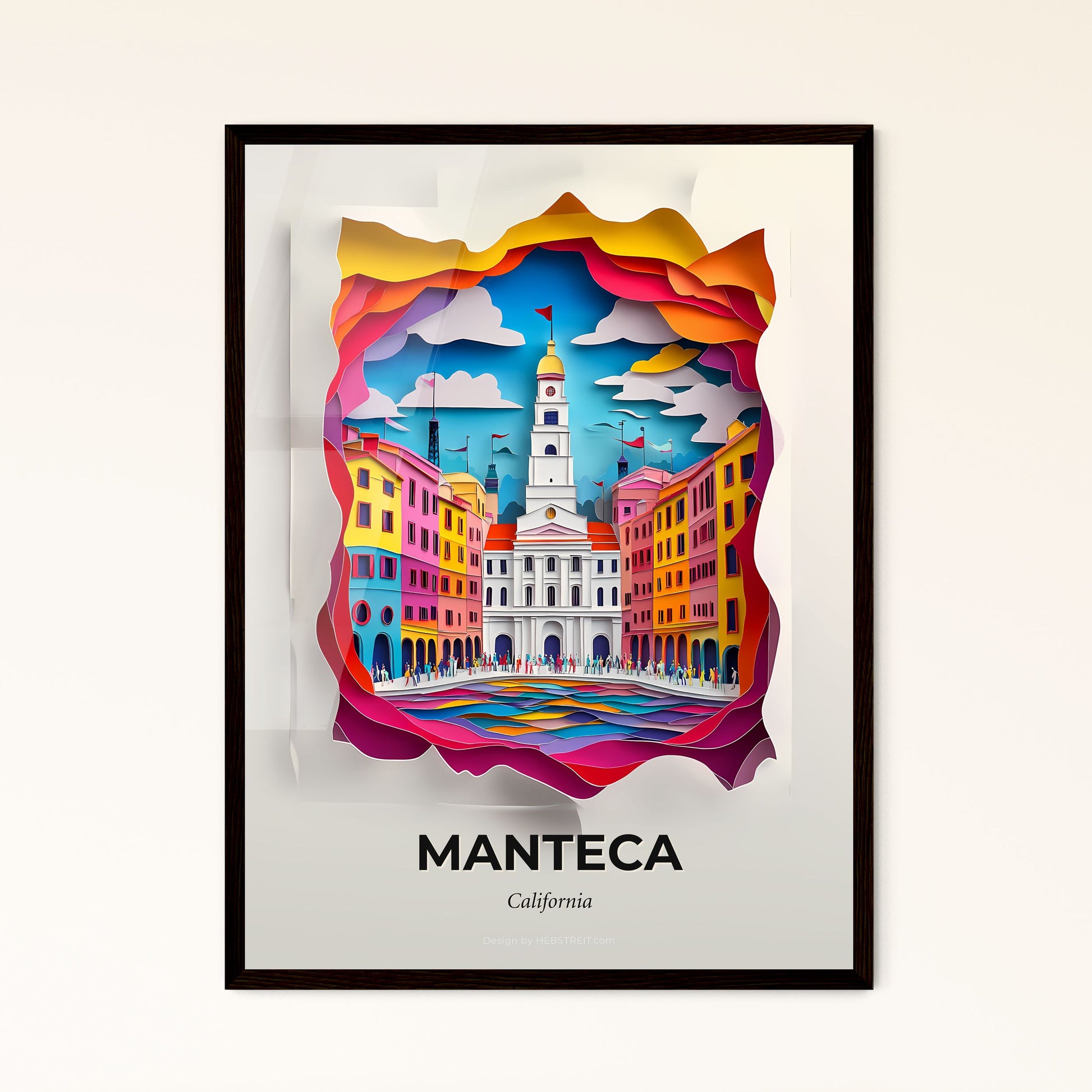 Vivid Manteca, California - a paper cut of a city with a clock tower