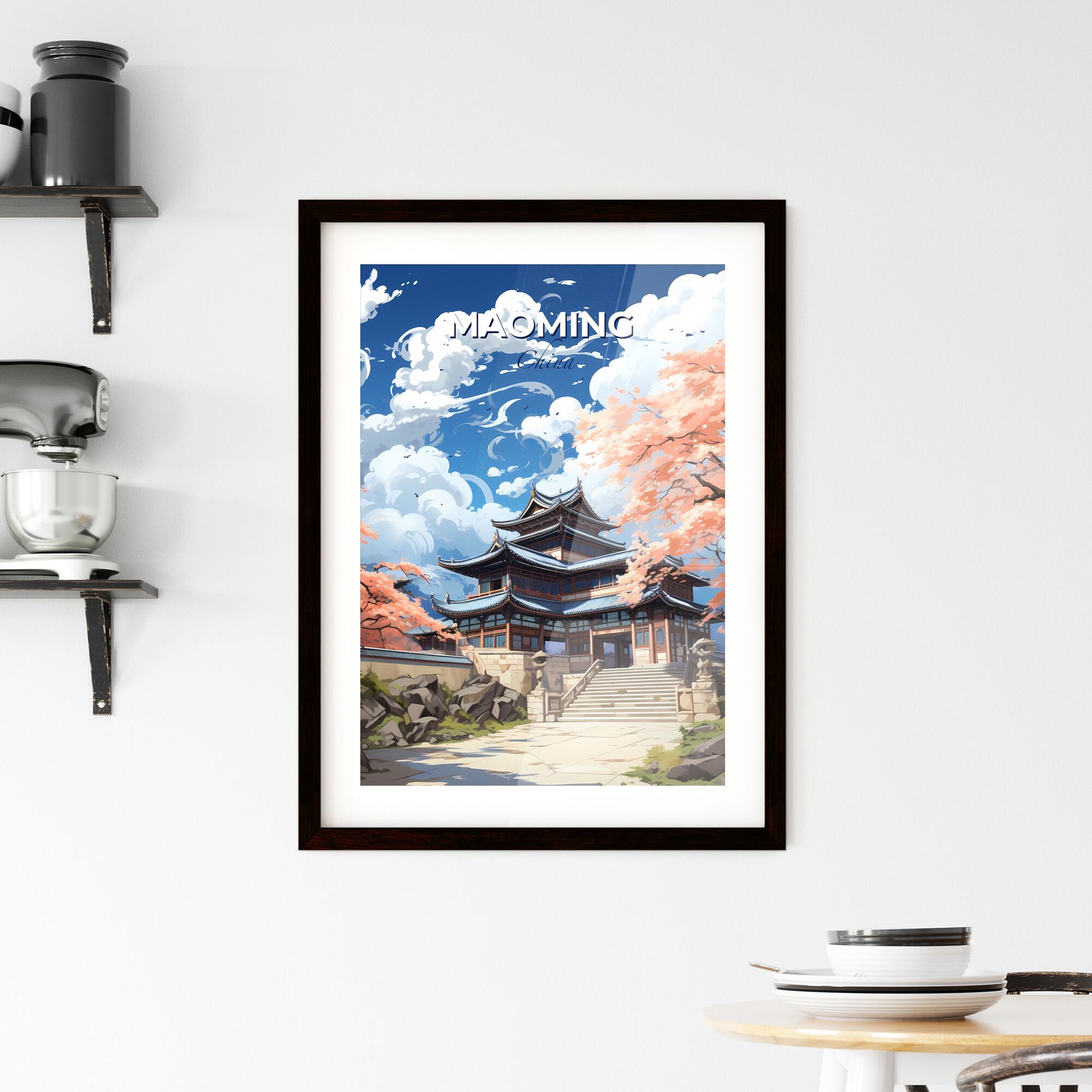 Maoming cityscape in China, vibrant painting with staircase architecture and trees for art and decoration Default Title