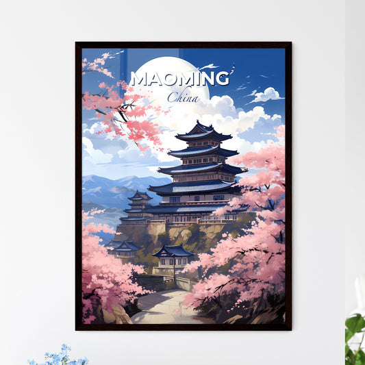 Vibrant Painting of Maoming China Skyline Featuring Building on Hilltop Adorned with Cherry Blossoms Default Title