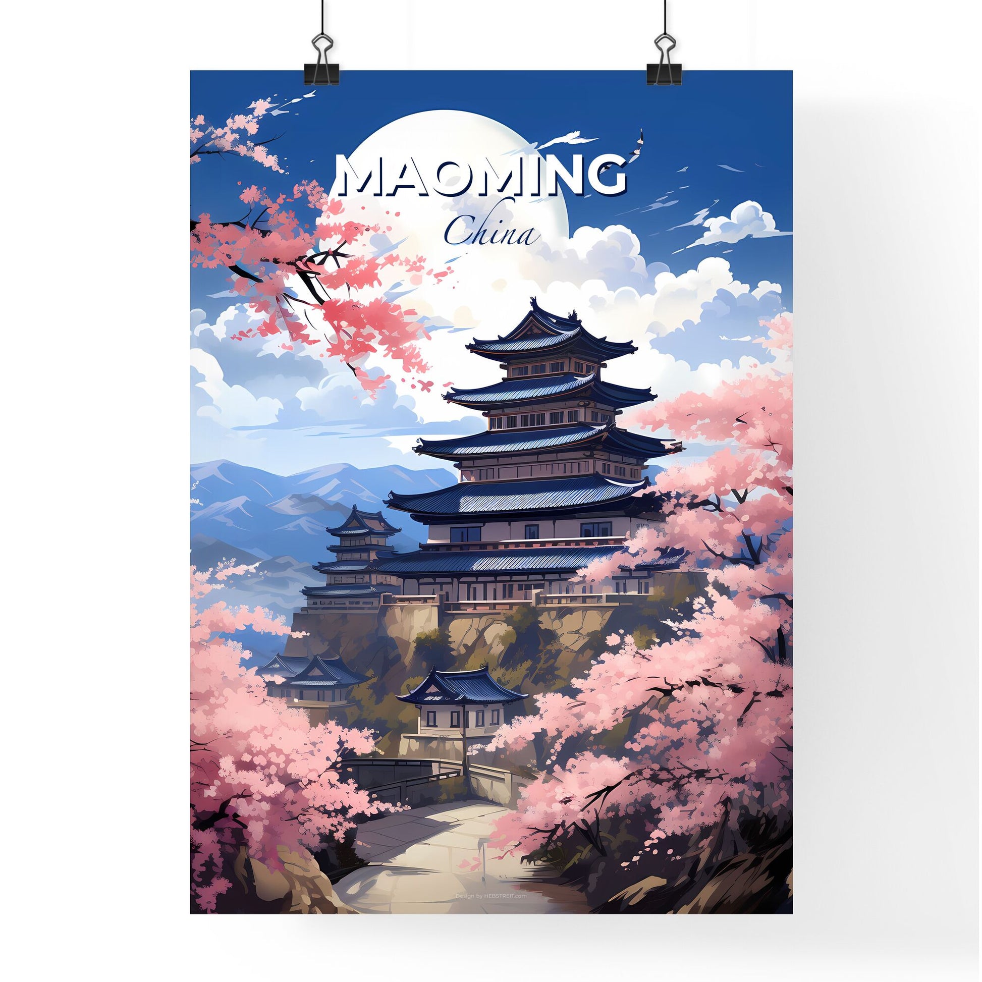 Vibrant Painting of Maoming China Skyline Featuring Building on Hilltop Adorned with Cherry Blossoms Default Title