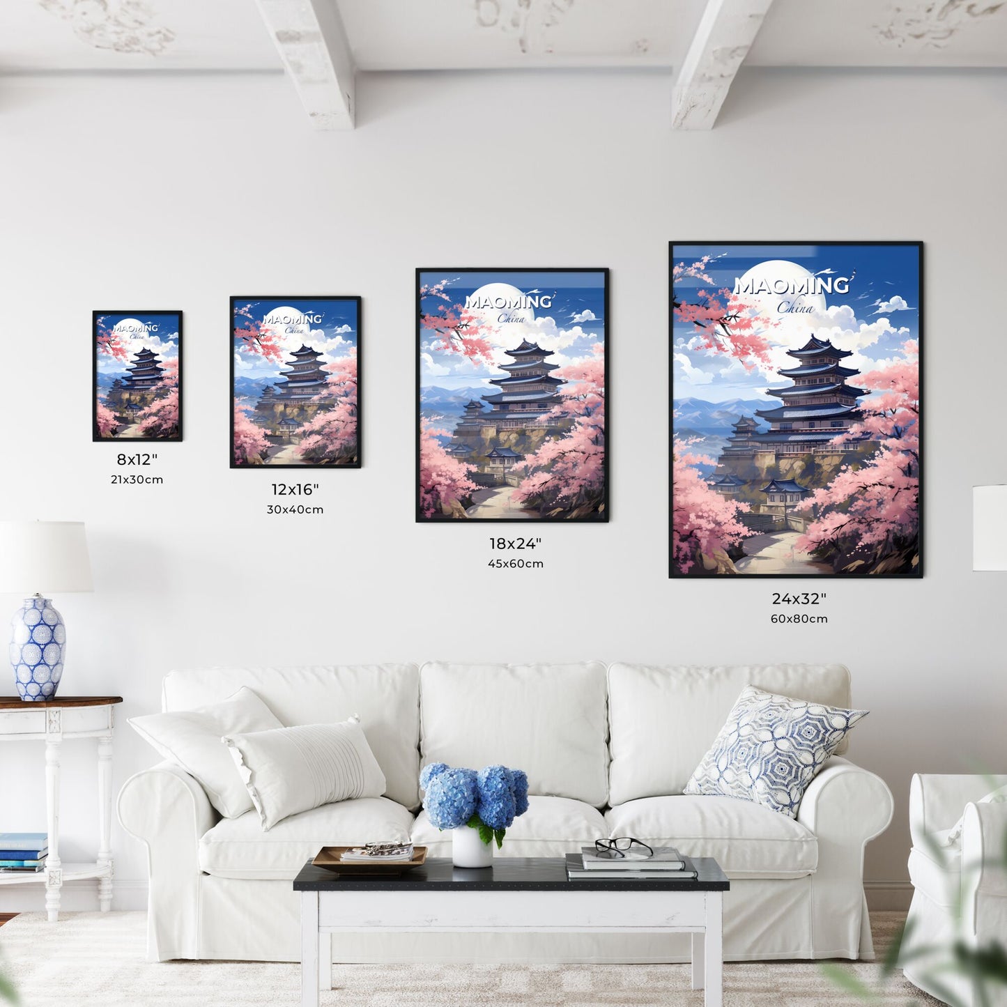 Vibrant Painting of Maoming China Skyline Featuring Building on Hilltop Adorned with Cherry Blossoms Default Title