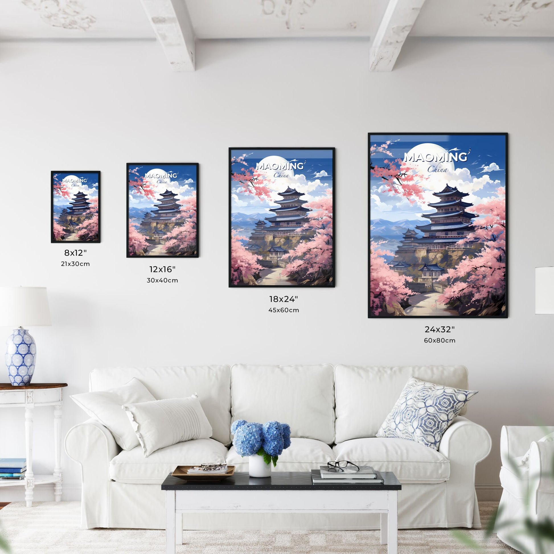 Vibrant Painting of Maoming China Skyline Featuring Building on Hilltop Adorned with Cherry Blossoms Default Title