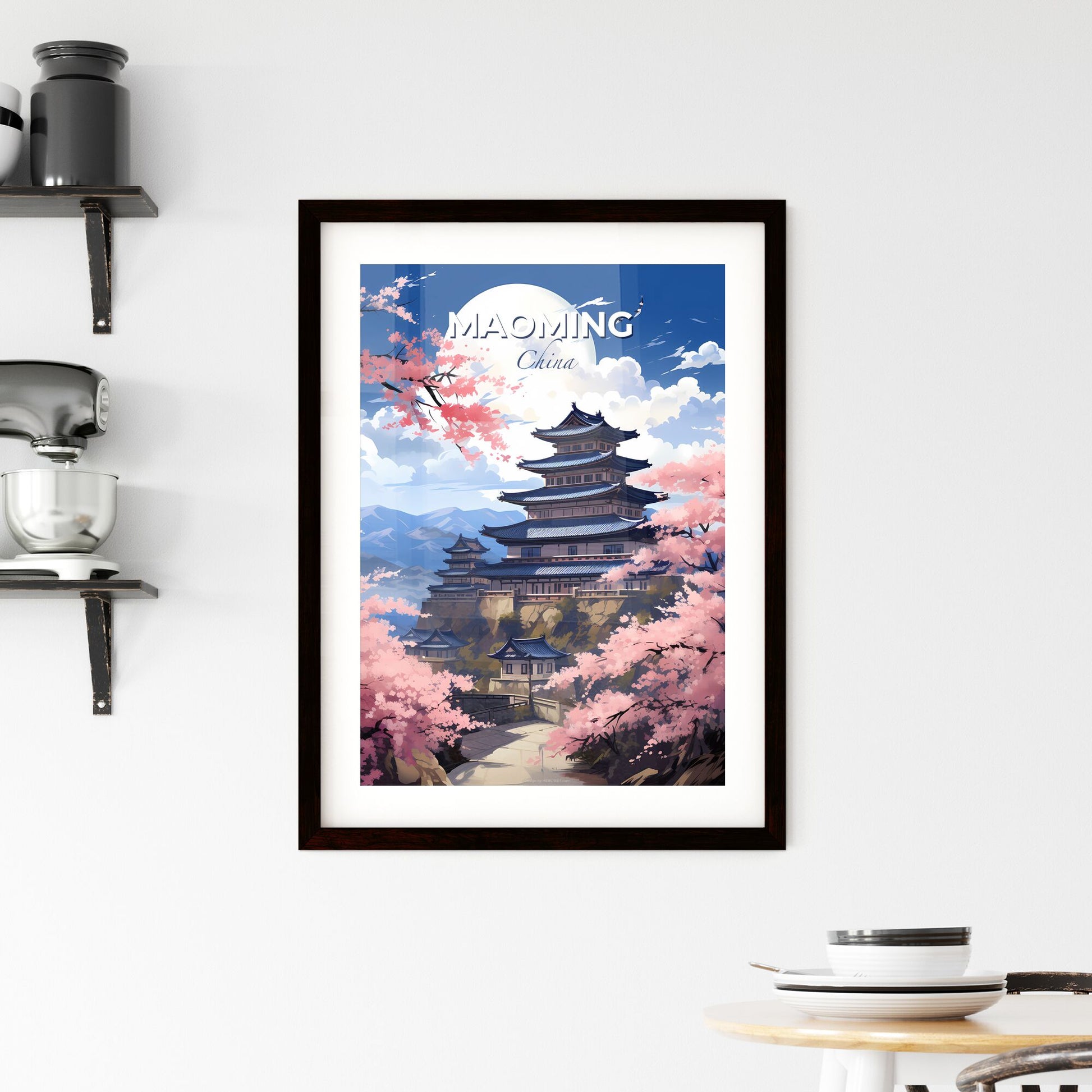 Vibrant Painting of Maoming China Skyline Featuring Building on Hilltop Adorned with Cherry Blossoms Default Title