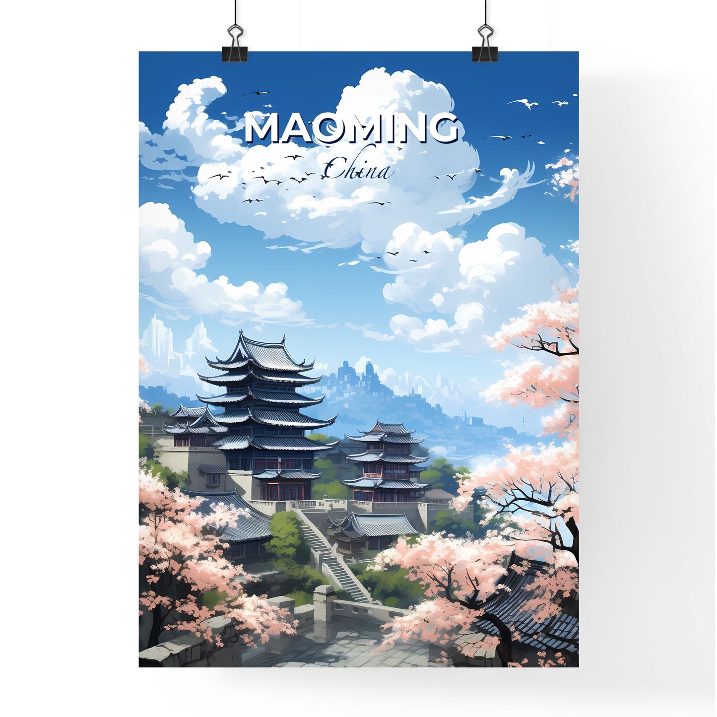 Maoming Skyline Art Painting Pagoda Cherry Blossoms Cityscape China Building Landscape Default Title