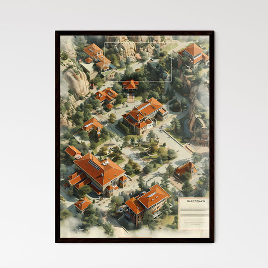 Vibrant Aerial Town Art Over Ravenwing Schoolhouse - Colorful Illustration Framed Art