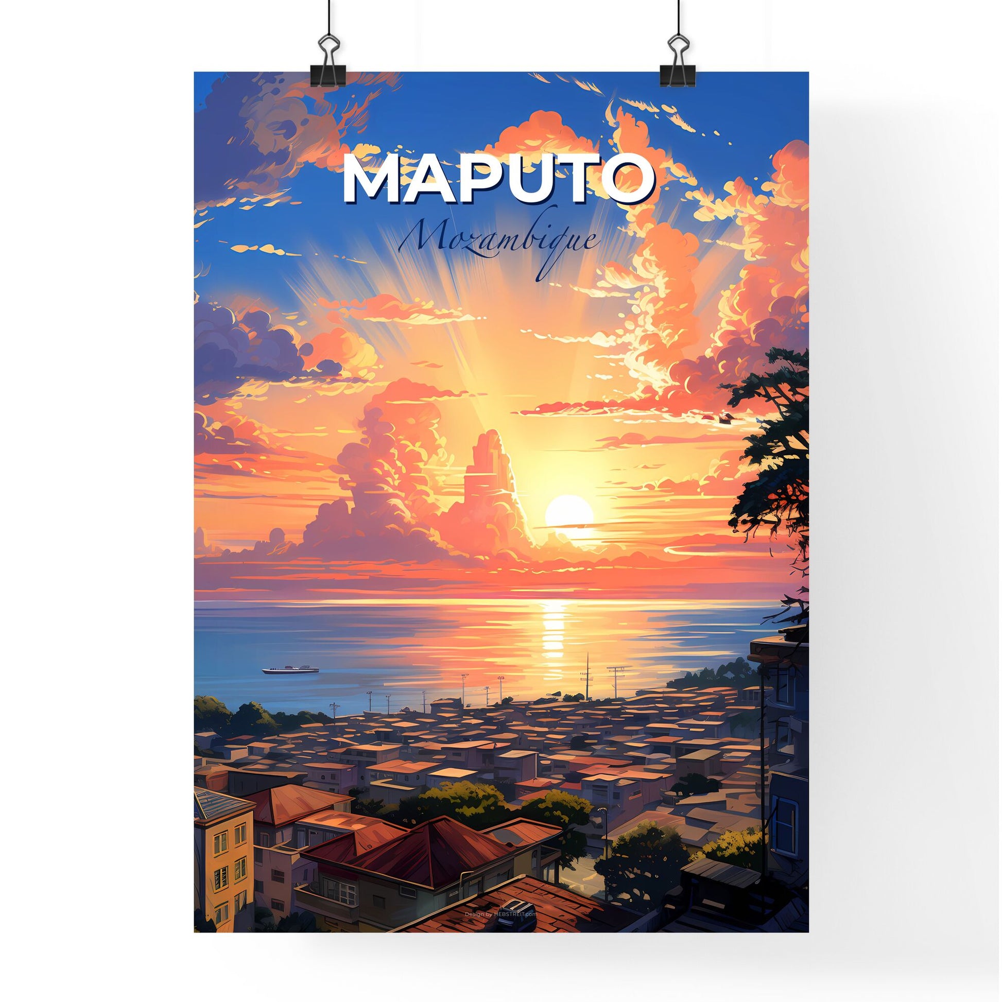 Vibrant Painting of Maputo Mozambique Skyline with Sunset Accents Default Title