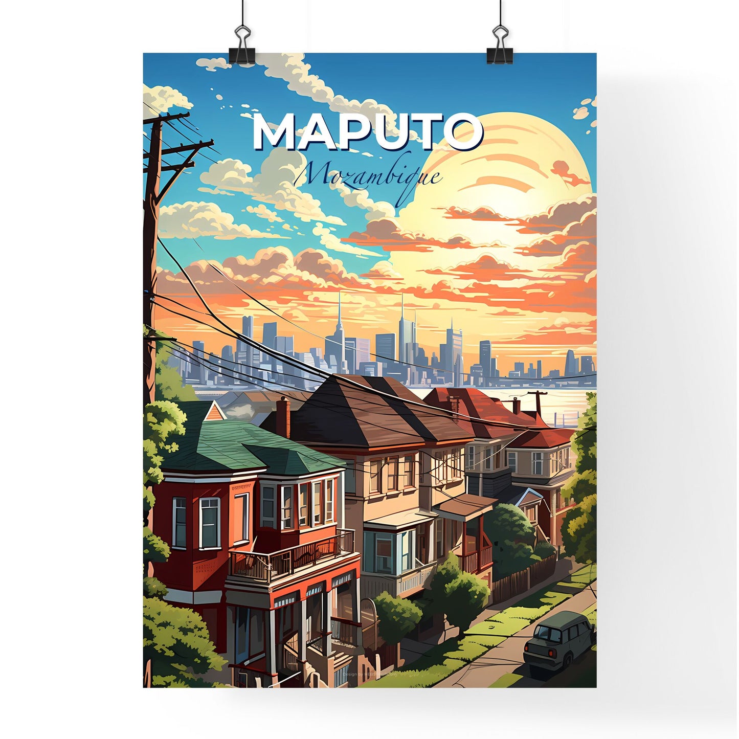 Vibrant Painting of Maputo Mozambique Skyline with Houses, Trees, and City Background Default Title