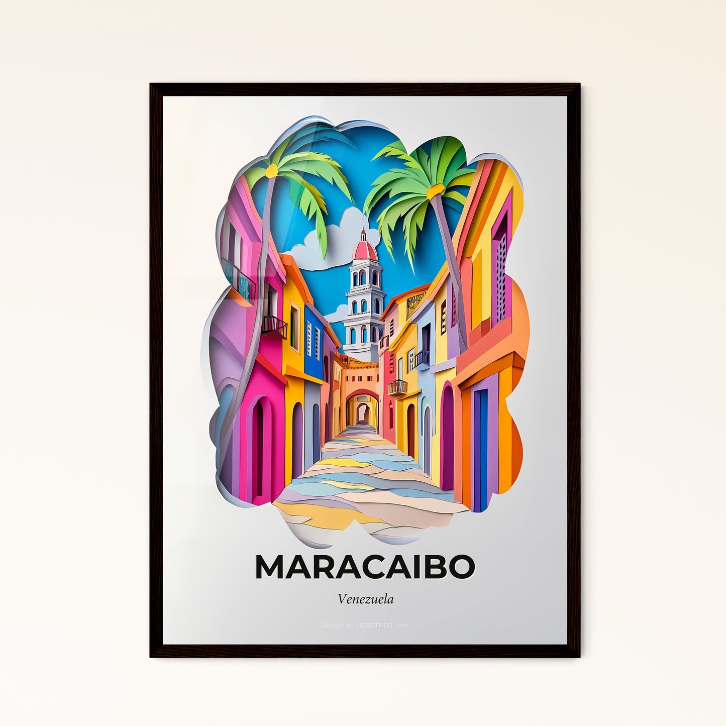 Vivid Maracaibo, Venezuela - a paper cut of a colorful street with palm trees