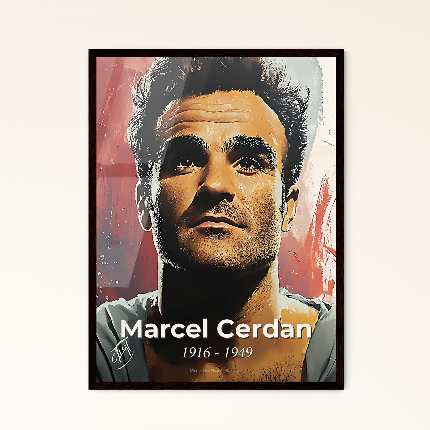 Portrait of Marcel Cerdan, 1916 - 1949. Impressionistic painting of a man looking up with a red background.