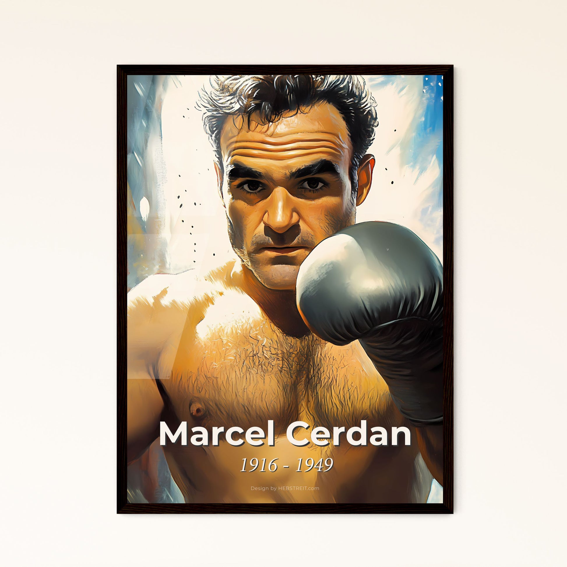 Portrait of Marcel Cerdan, 1916 - 1949. Impressionistic painting of a man wearing boxing gloves.