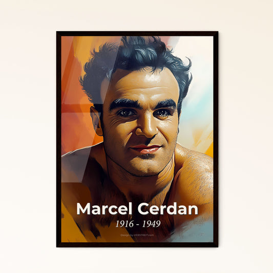 Portrait of Marcel Cerdan, 1916 - 1949. Impressionistic painting of a man with dark hair and a colorful background.