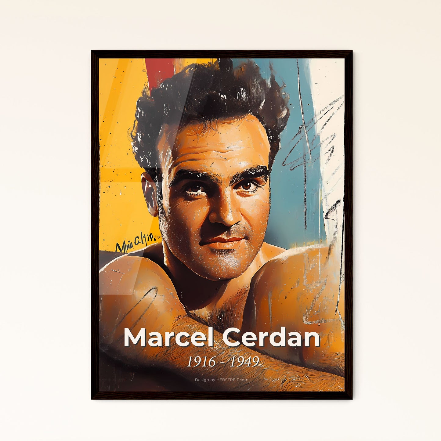 Portrait of Marcel Cerdan, 1916 - 1949. Impressionistic painting of a man posing for a picture.