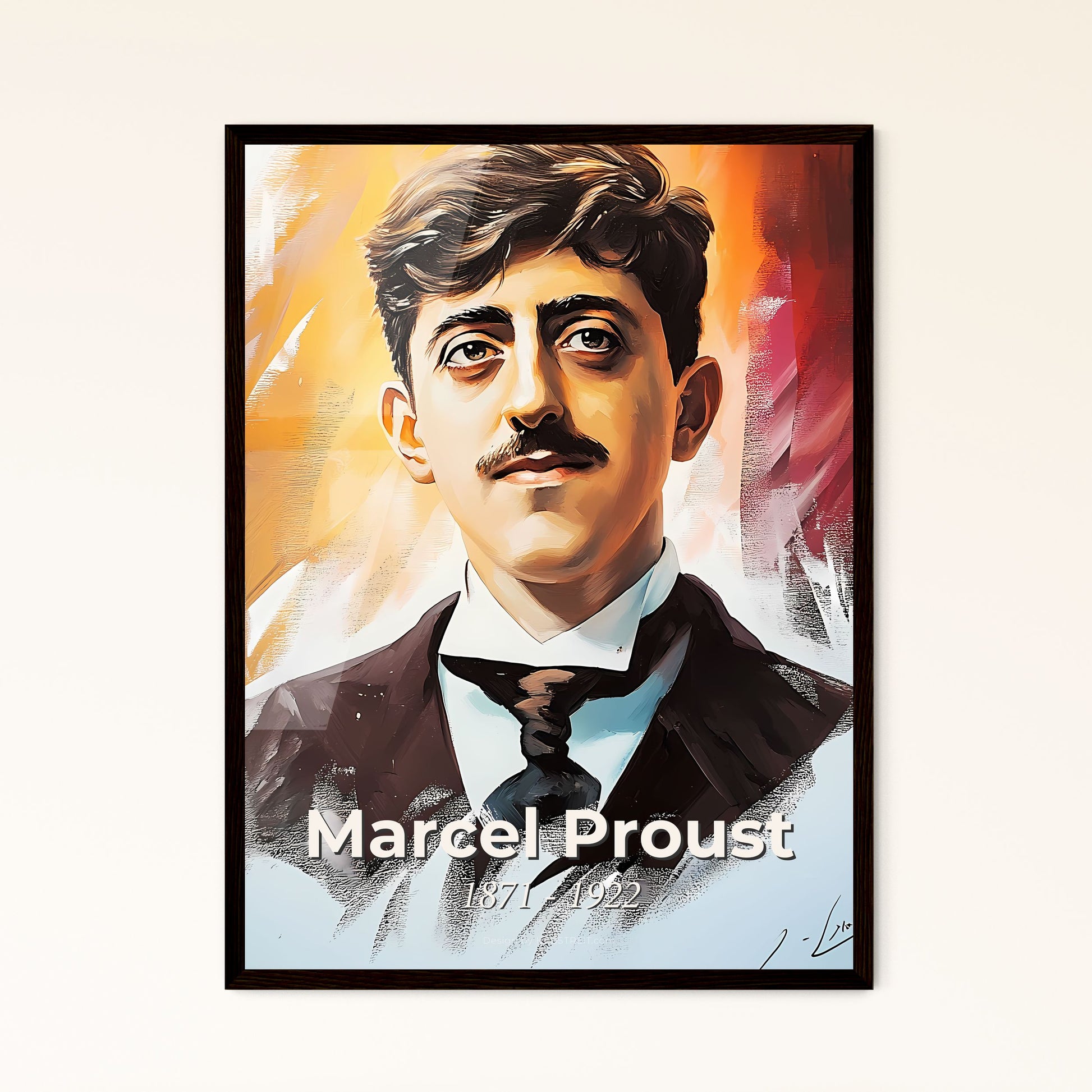 Portrait of Marcel Proust, 1871 - 1922. Impressionistic painting of a man with a mustache and a tie.