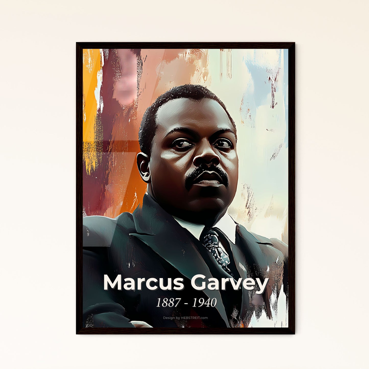 Portrait of Marcus Garvey, 1887 - 1940. Impressionistic painting of a man in a suit.