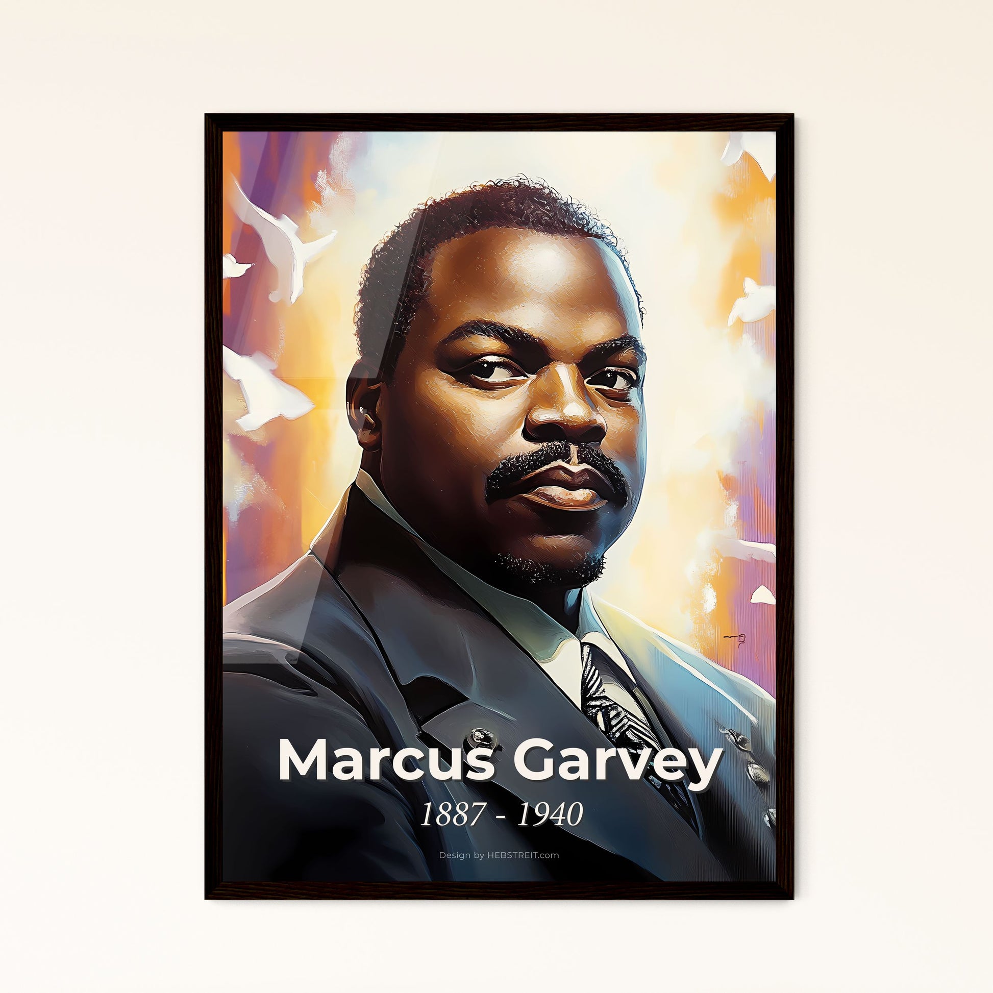 Portrait of Marcus Garvey, 1887 - 1940. Impressionistic painting of a man in a suit and tie.