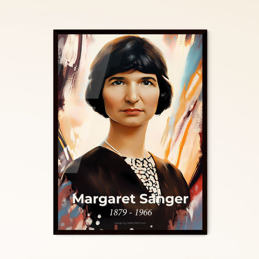 Portrait of Margaret Sanger, 1879 - 1966. Impressionistic painting of a woman with short hair wearing a black dress.