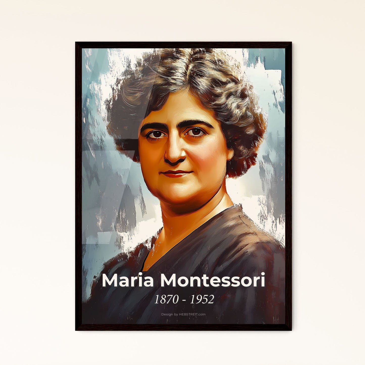 Portrait of Maria Montessori, 1870 - 1952. Impressionistic painting of a woman with curly hair.