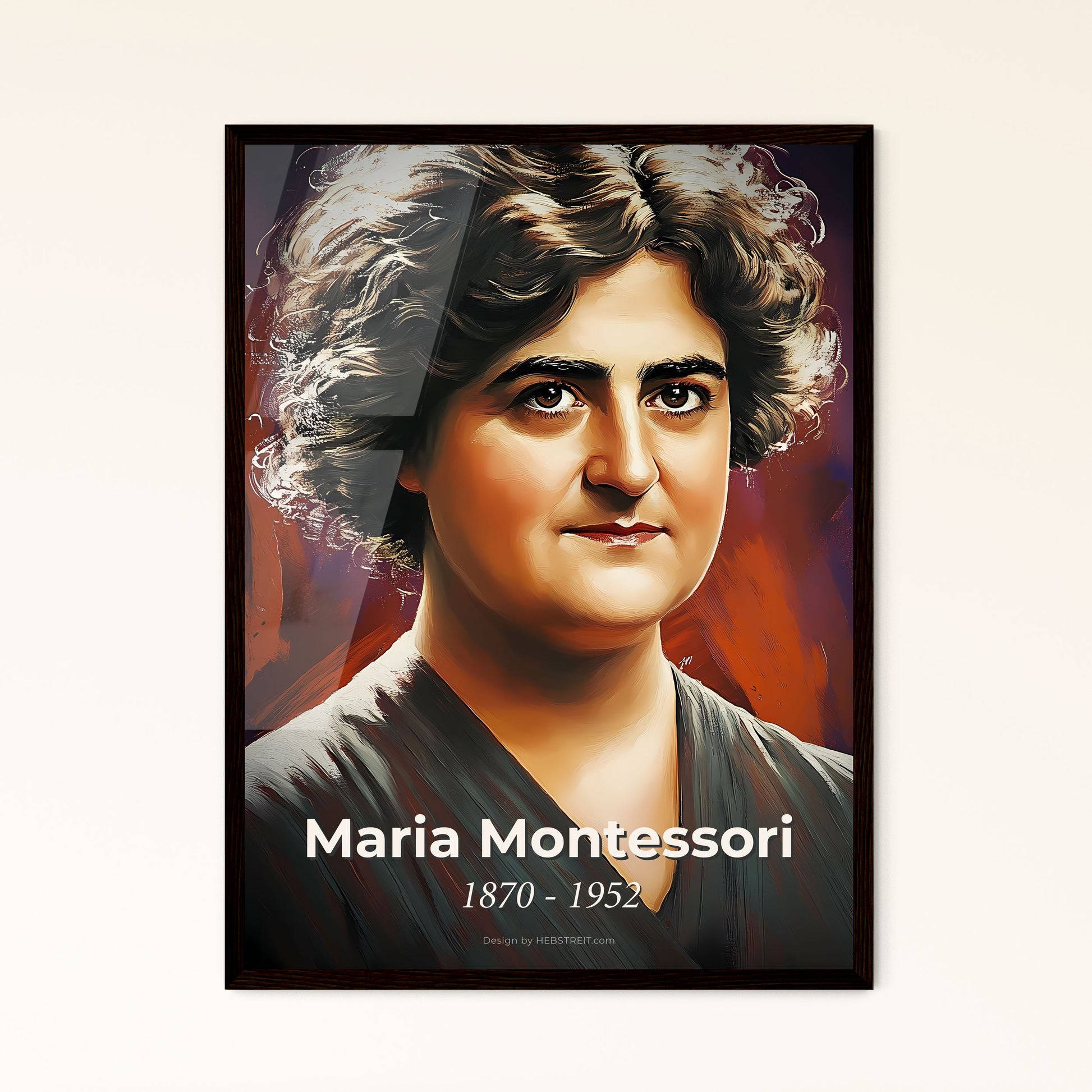 Portrait of Maria Montessori, 1870 - 1952. Impressionistic painting of a woman with curly hair.